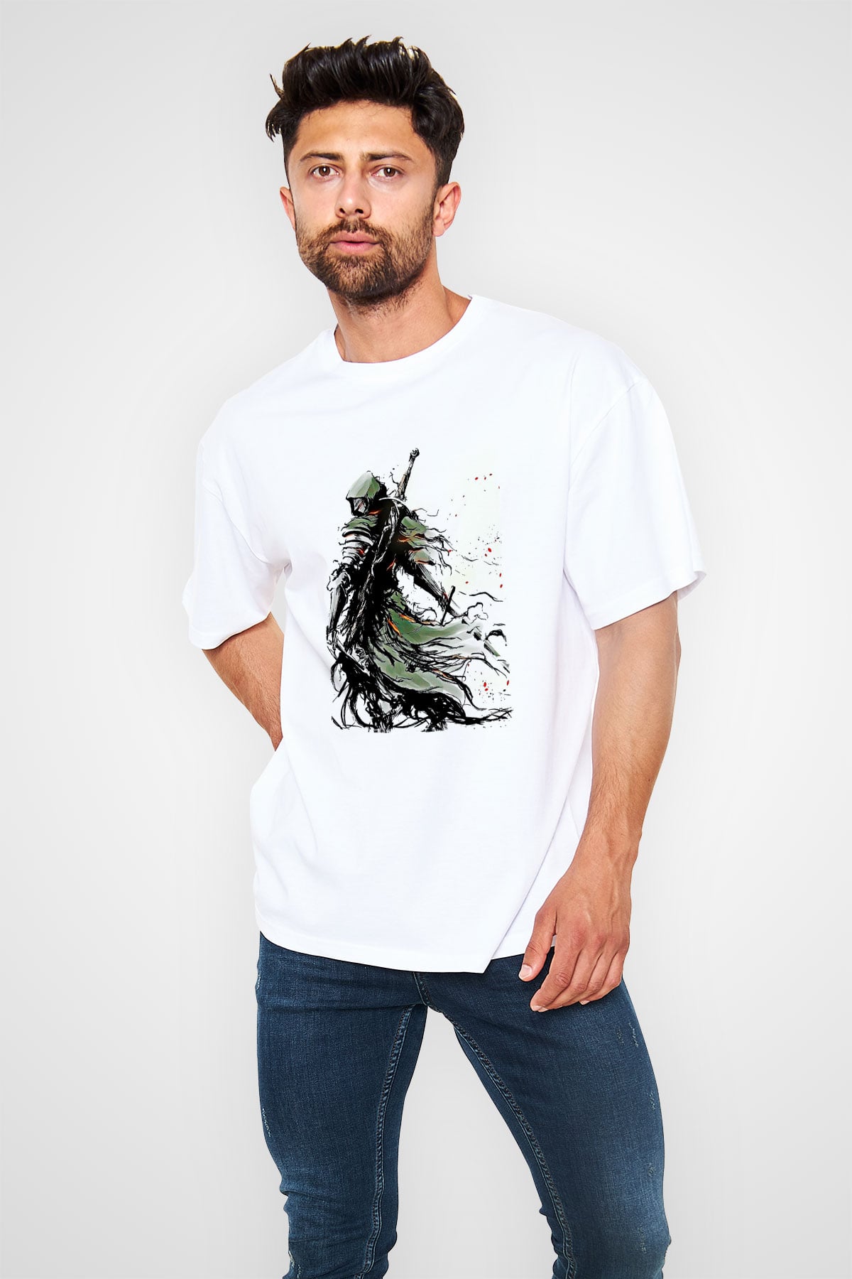 Dark Souls Baskılı Beyaz Unisex Oversize Tişört - Tshirt