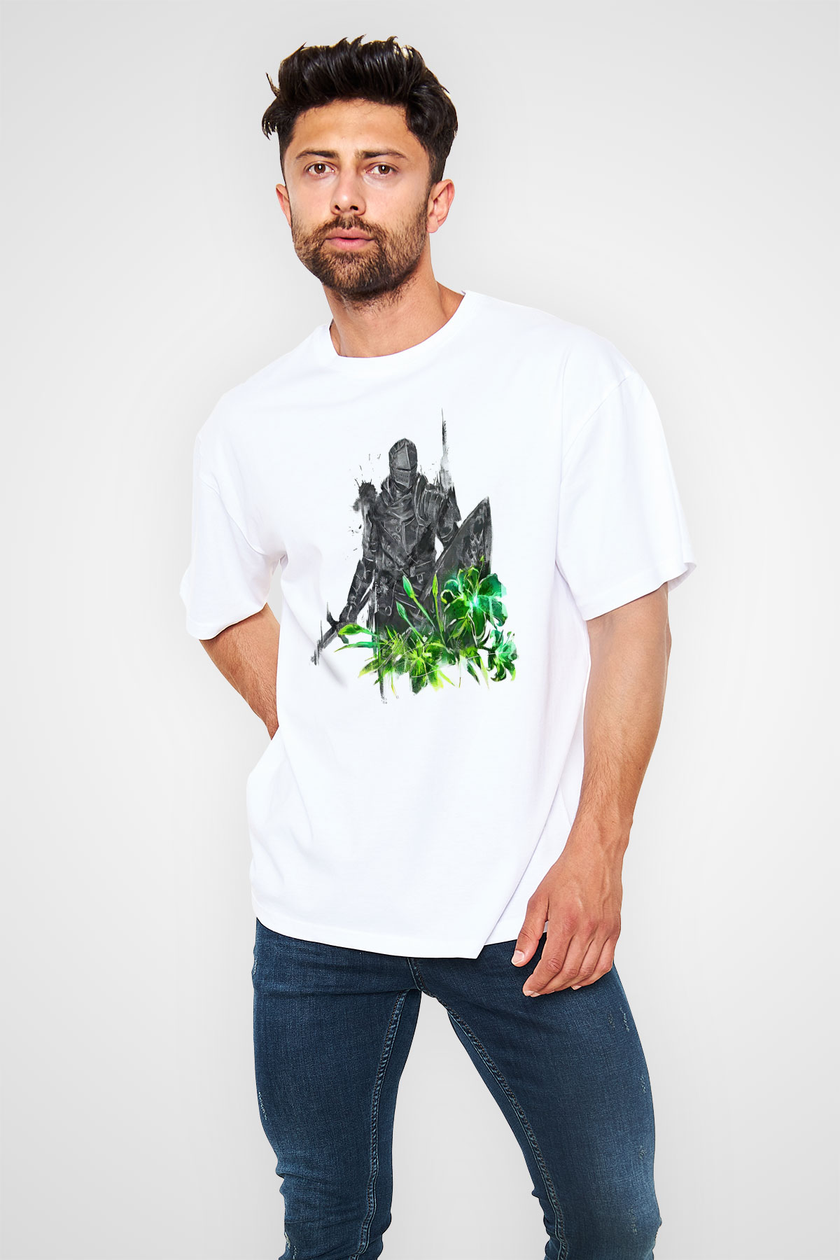 Dark Souls Baskılı Beyaz Unisex Oversize Tişört - Tshirt
