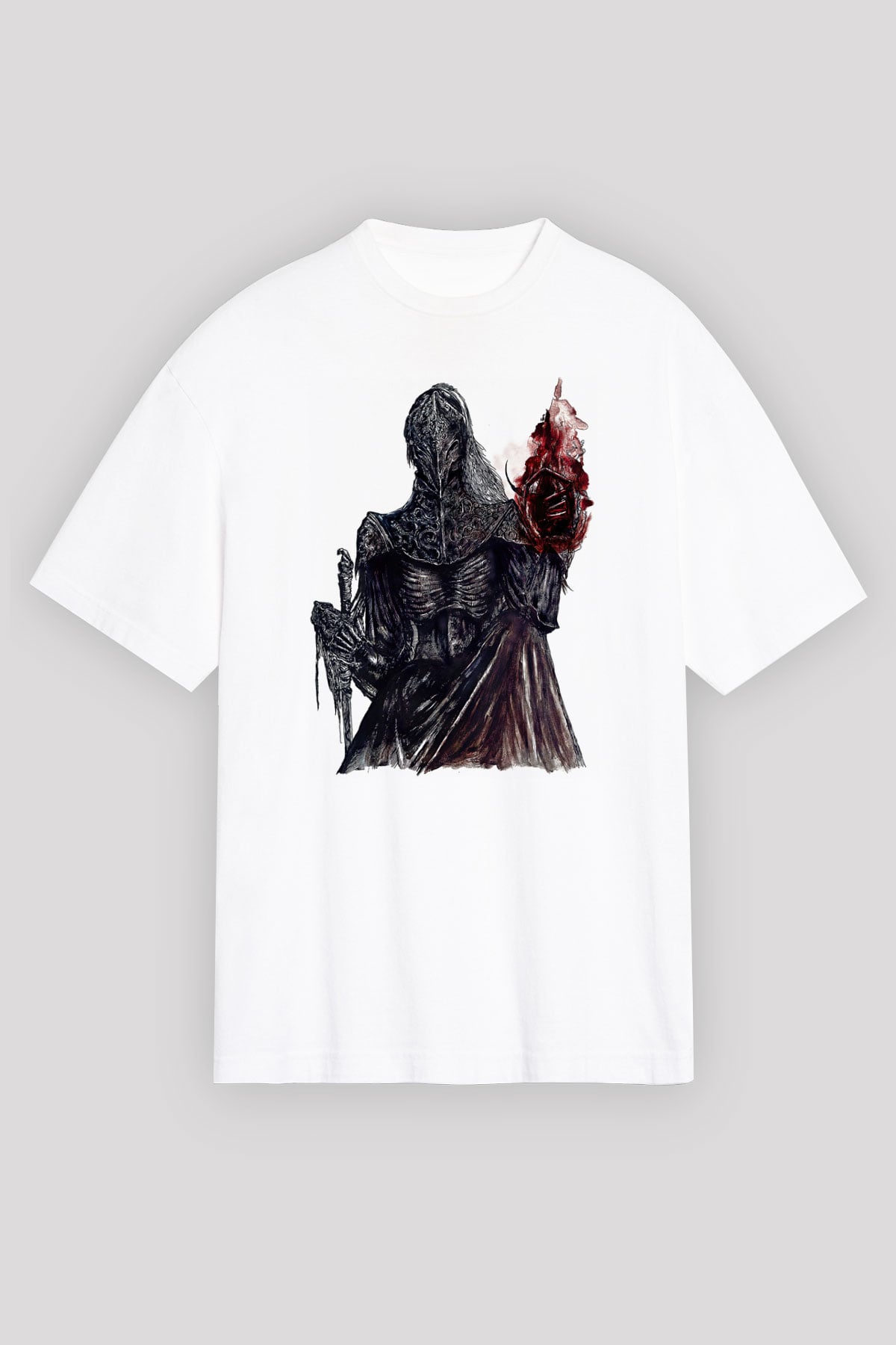 Dark Souls Baskılı Beyaz Unisex Oversize Tişört - Tshirt
