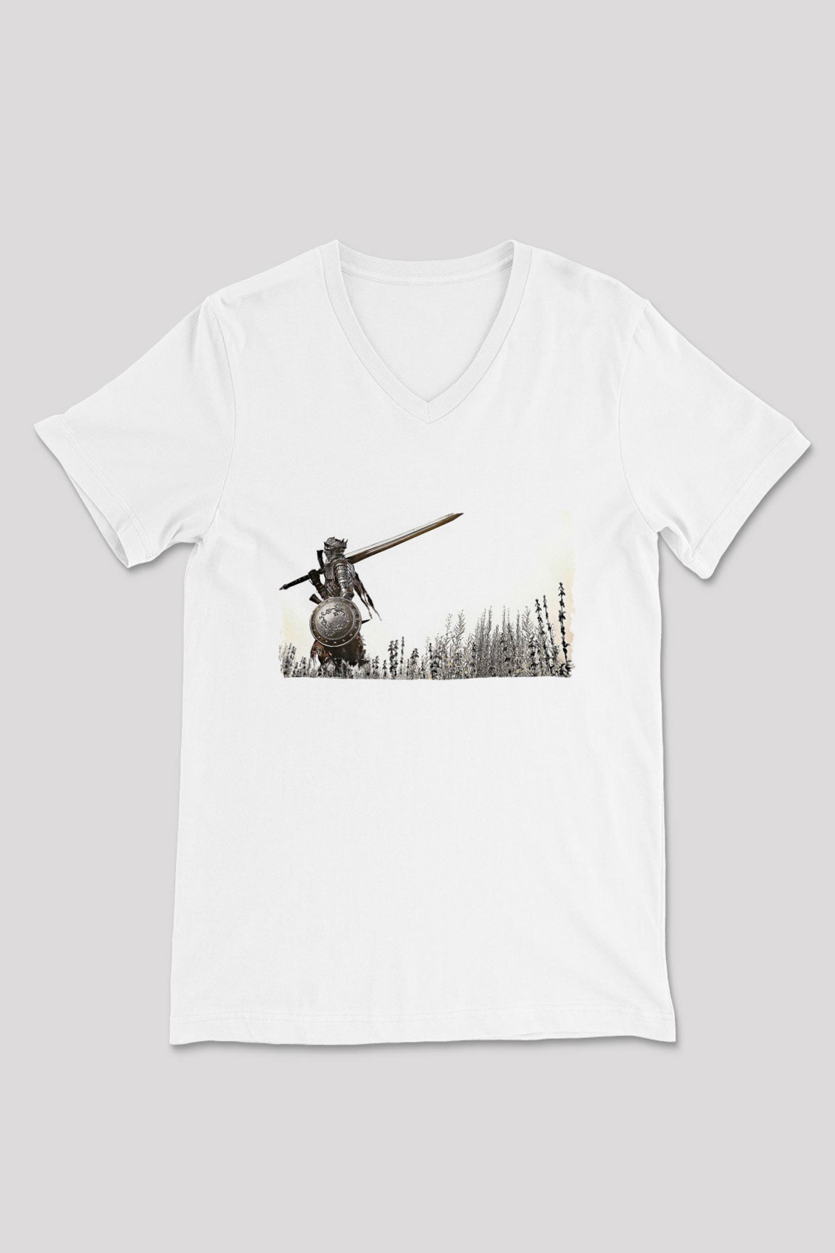 Dark Souls Baskılı Beyaz Unisex V Yaka Tişört - Tshirt