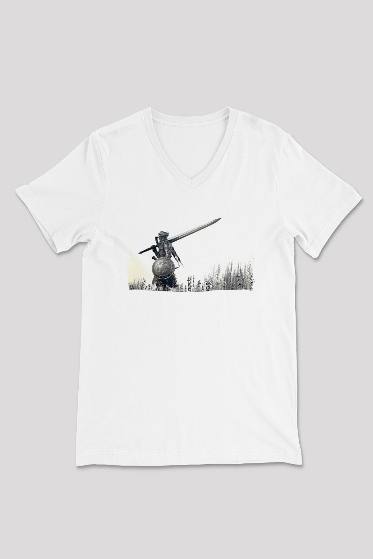 Dark Souls Baskılı Beyaz Unisex V Yaka Tişört - Tshirt