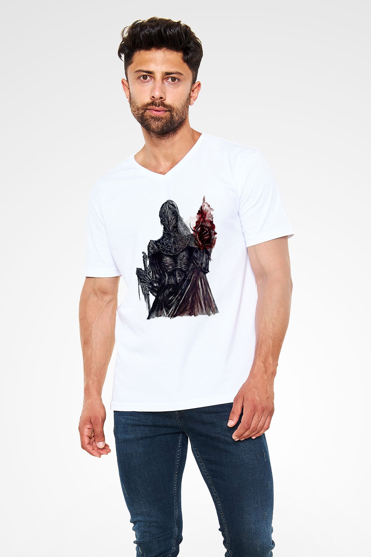 Dark Souls Baskılı Beyaz Unisex V Yaka Tişört - Tshirt