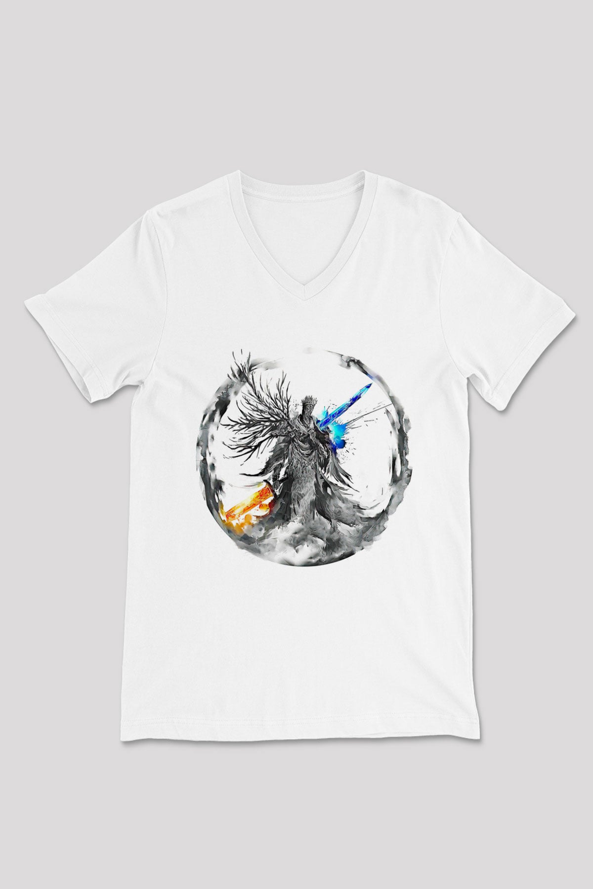 Dark Souls Baskılı Beyaz Unisex V Yaka Tişört - Tshirt