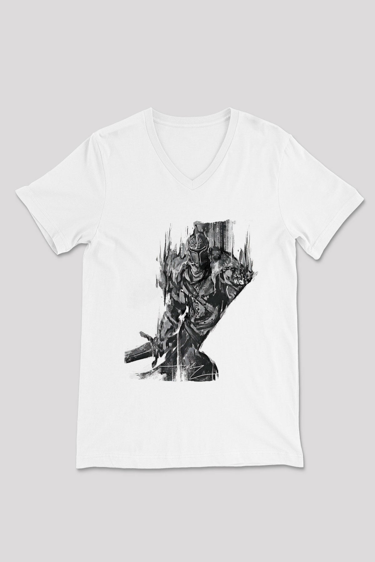 Dark Souls Baskılı Beyaz Unisex V Yaka Tişört - Tshirt
