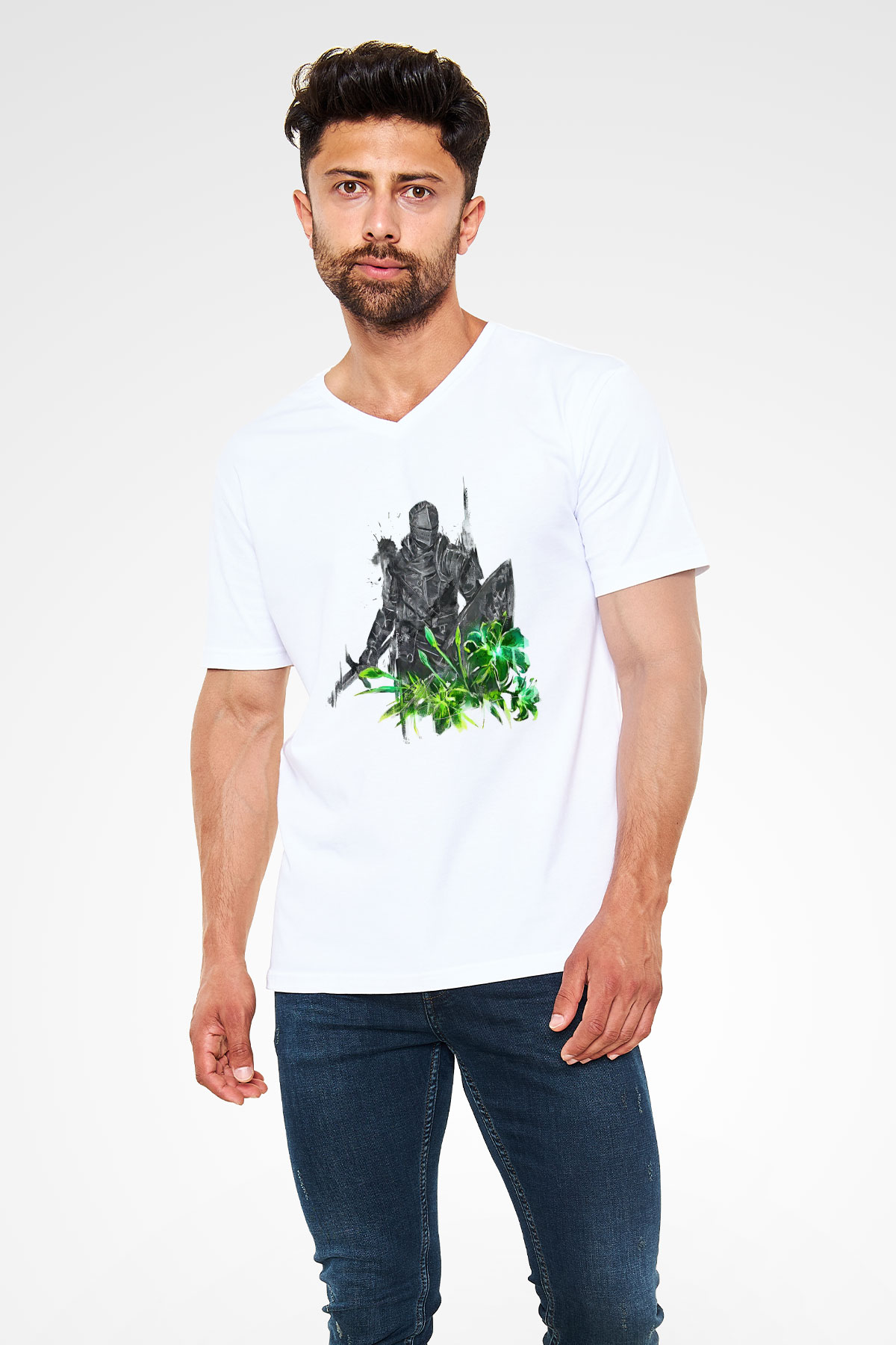 Dark Souls Baskılı Beyaz Unisex V Yaka Tişört - Tshirt