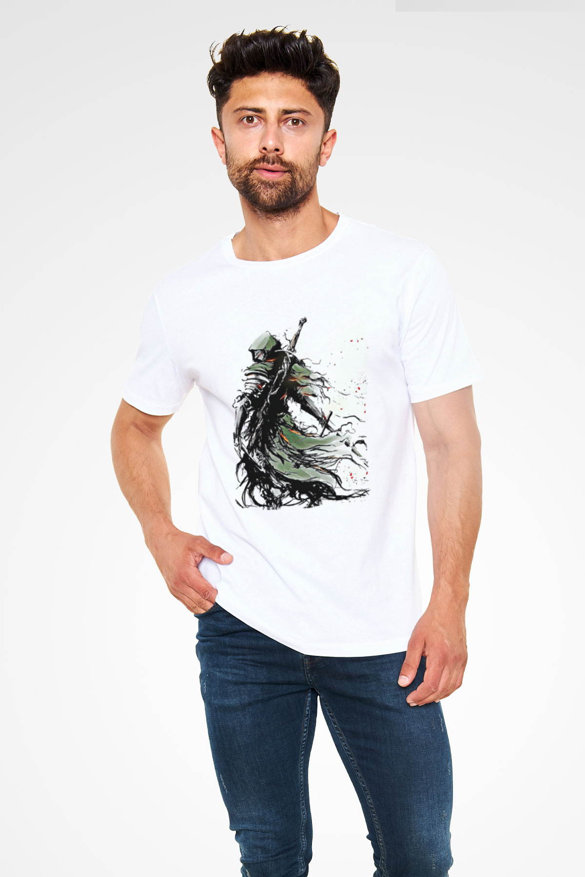 Dark Souls Baskılı Unisex Beyaz Tişört - Tshirt