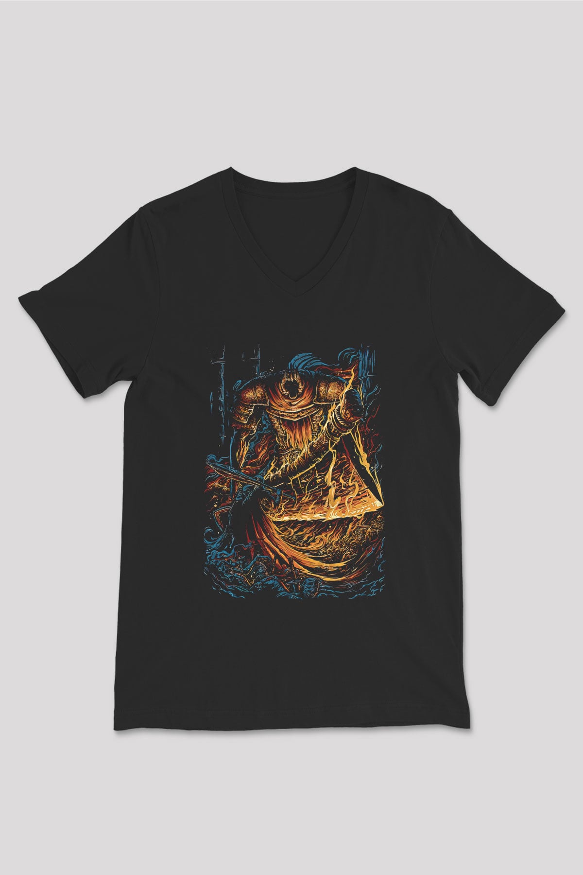 Dark Souls Baskılı Unisex Siyah V Yaka Tişört - Tshirt