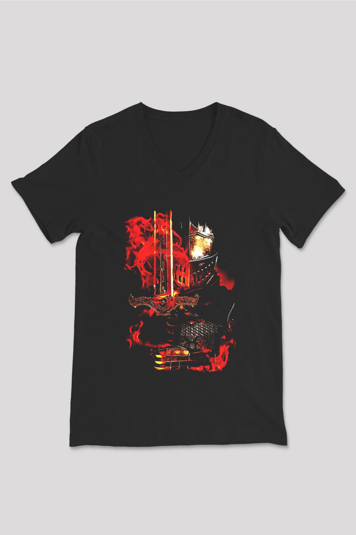 Dark Souls Baskılı Unisex Siyah V Yaka Tişört - Tshirt