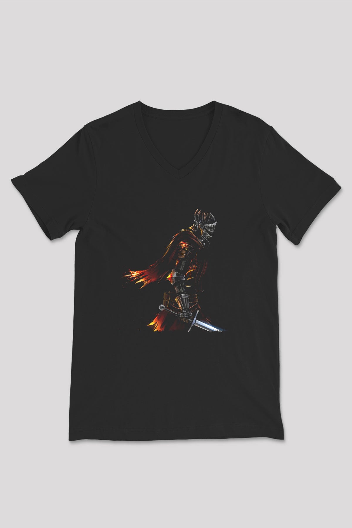 Dark Souls Baskılı Unisex Siyah V Yaka Tişört - Tshirt