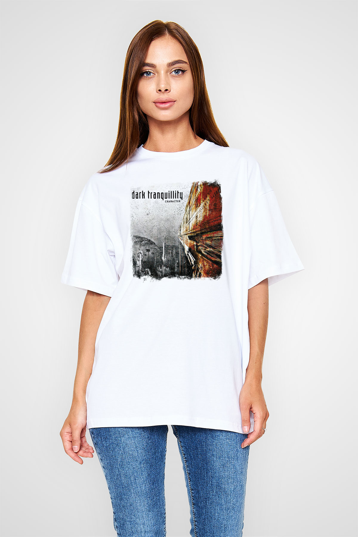 Dark Tranquillity Baskılı Unisex Beyaz Oversize Tişört