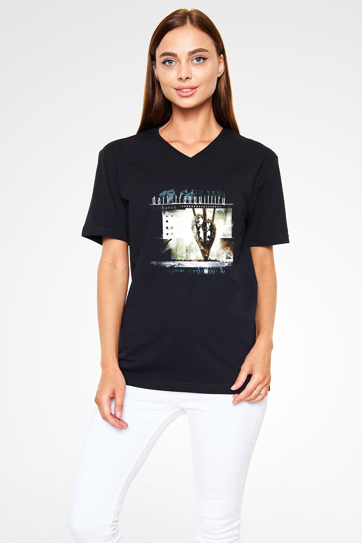 Dark Tranquillity Baskılı Unisex Siyah V Yaka Tişört
