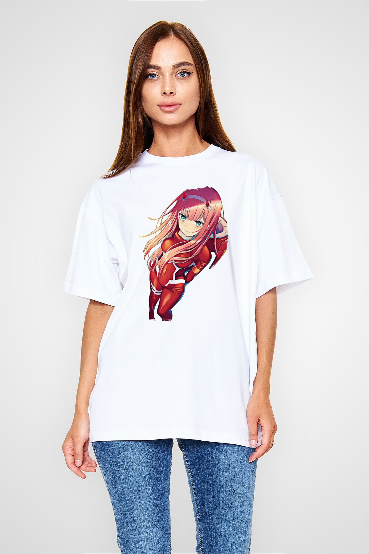 Darling İn The Franxx Baskılı Beyaz Unisex Oversize Tişört - Tshirt