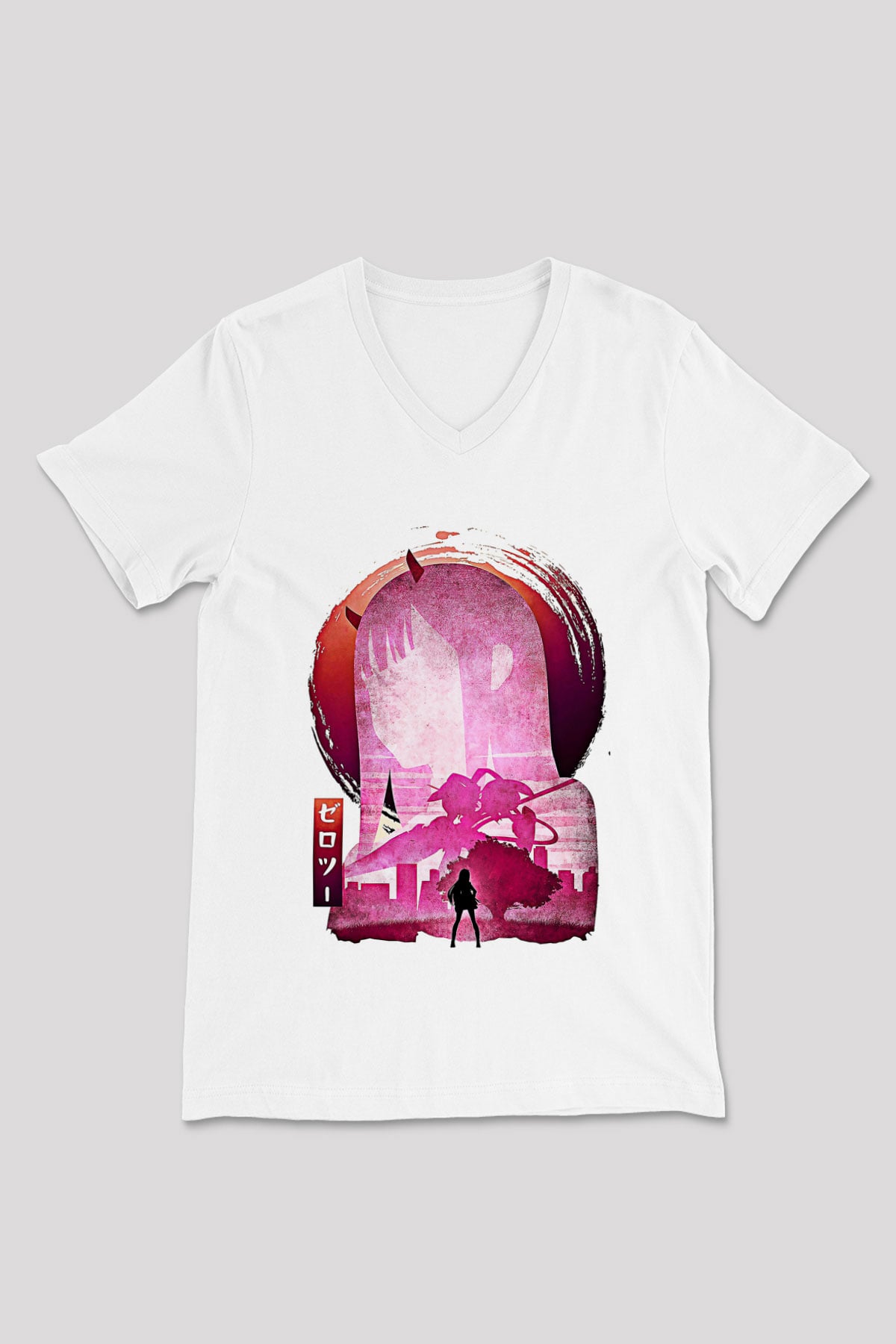 Darling İn The Franxx Baskılı Beyaz Unisex V Yaka Tişört - Tshirt