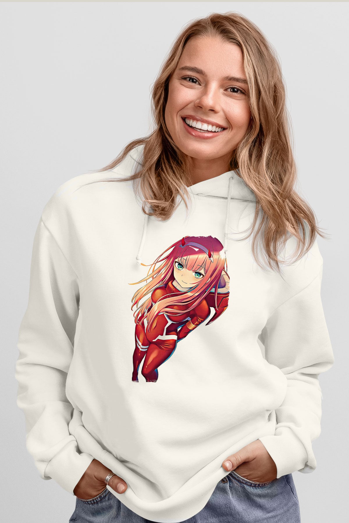 Darling İn The Franxx Baskılı Beyaz Unisex Hoodie