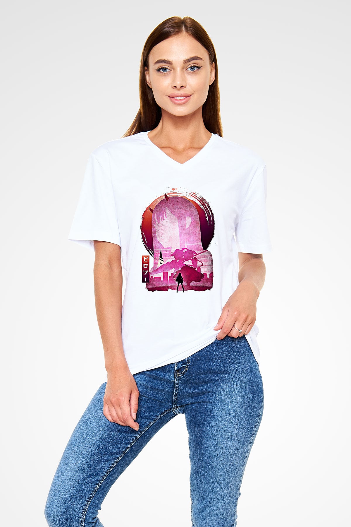 Darling İn The Franxx Baskılı Beyaz Unisex V Yaka Tişört - Tshirt