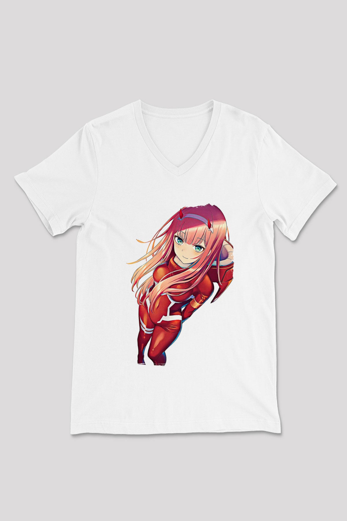Darling İn The Franxx Baskılı Beyaz Unisex V Yaka Tişört - Tshirt