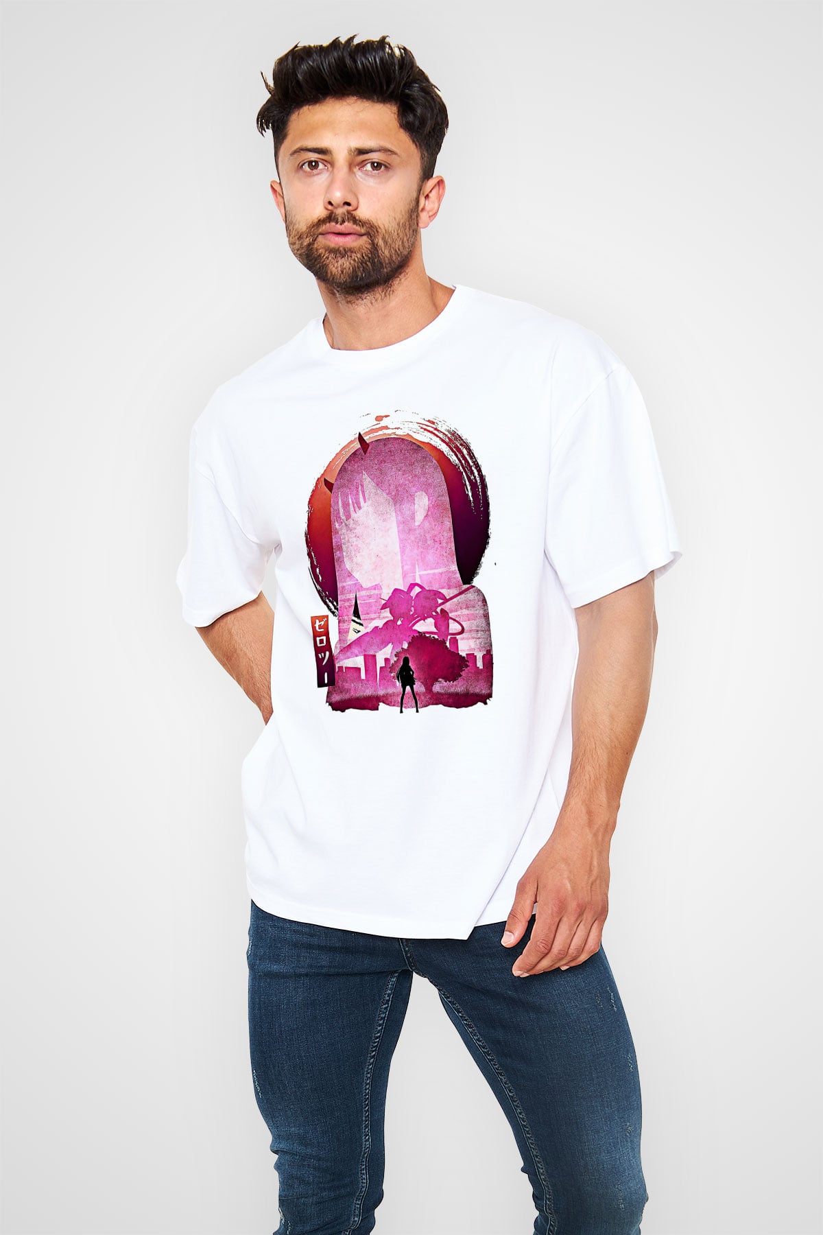 Darling İn The Franxx Baskılı Beyaz Unisex Oversize Tişört - Tshirt