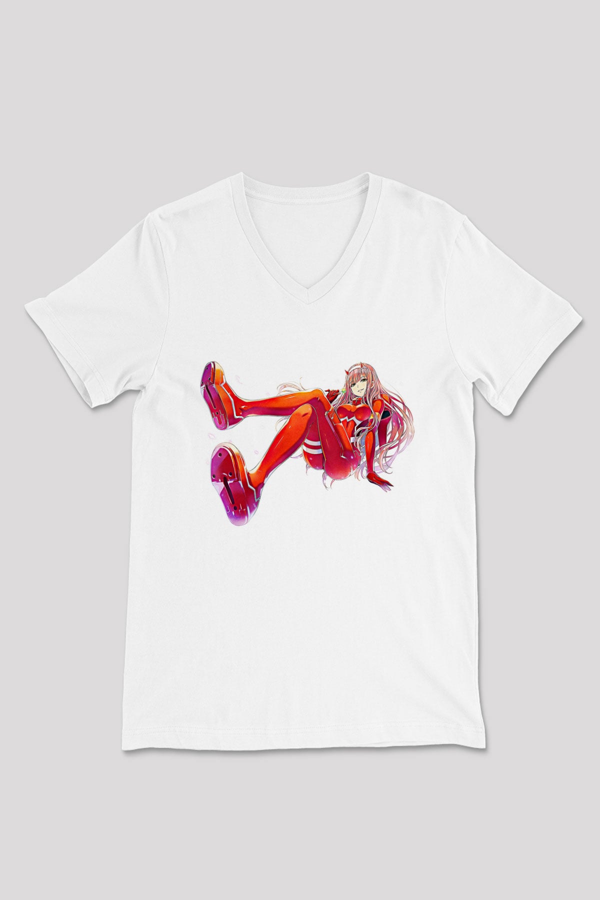 Darling İn The Franxx Baskılı Beyaz Unisex V Yaka Tişört - Tshirt
