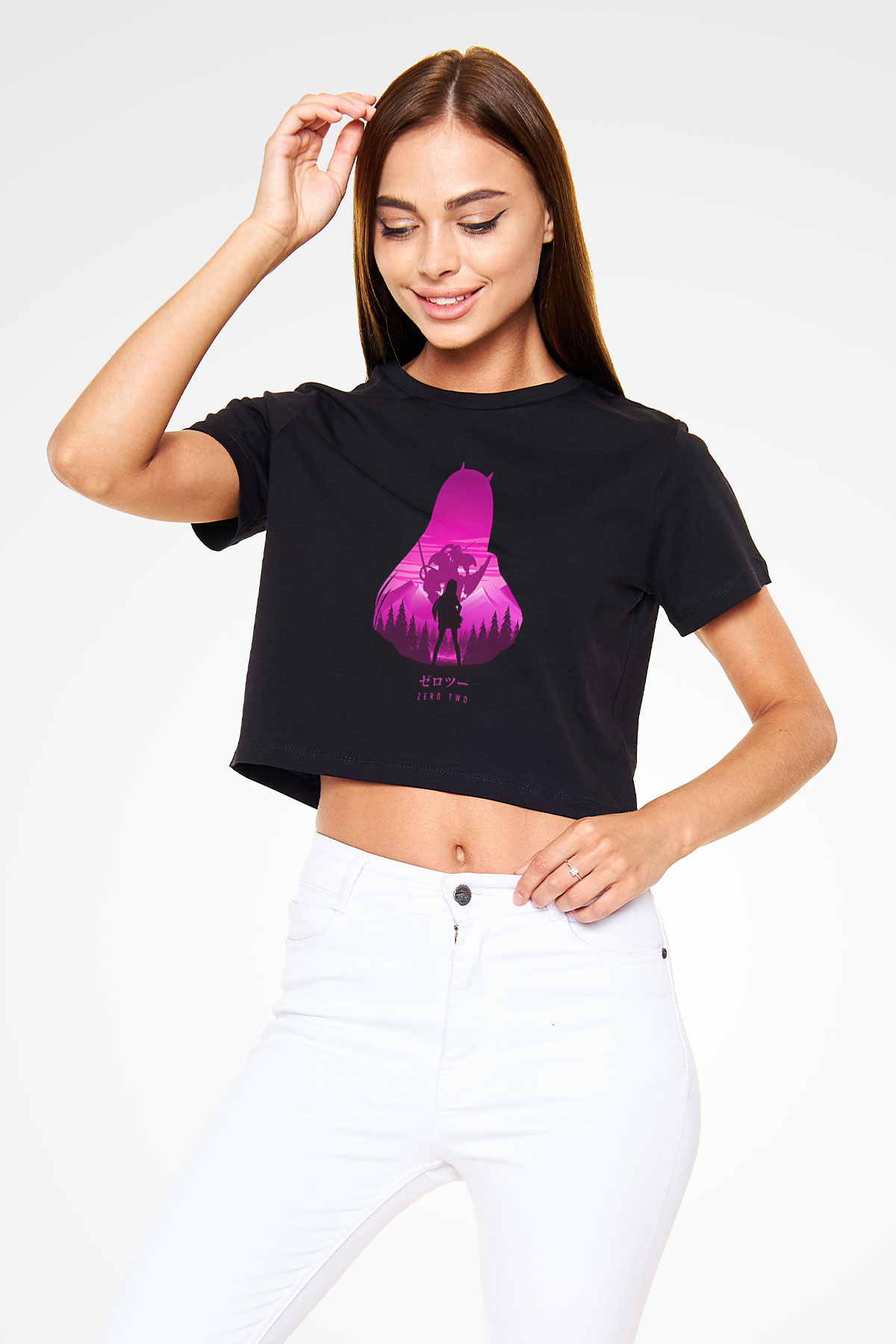Darling İn The Franxx Baskılı Siyah Crop Top Kadın Tişört - Tshirt