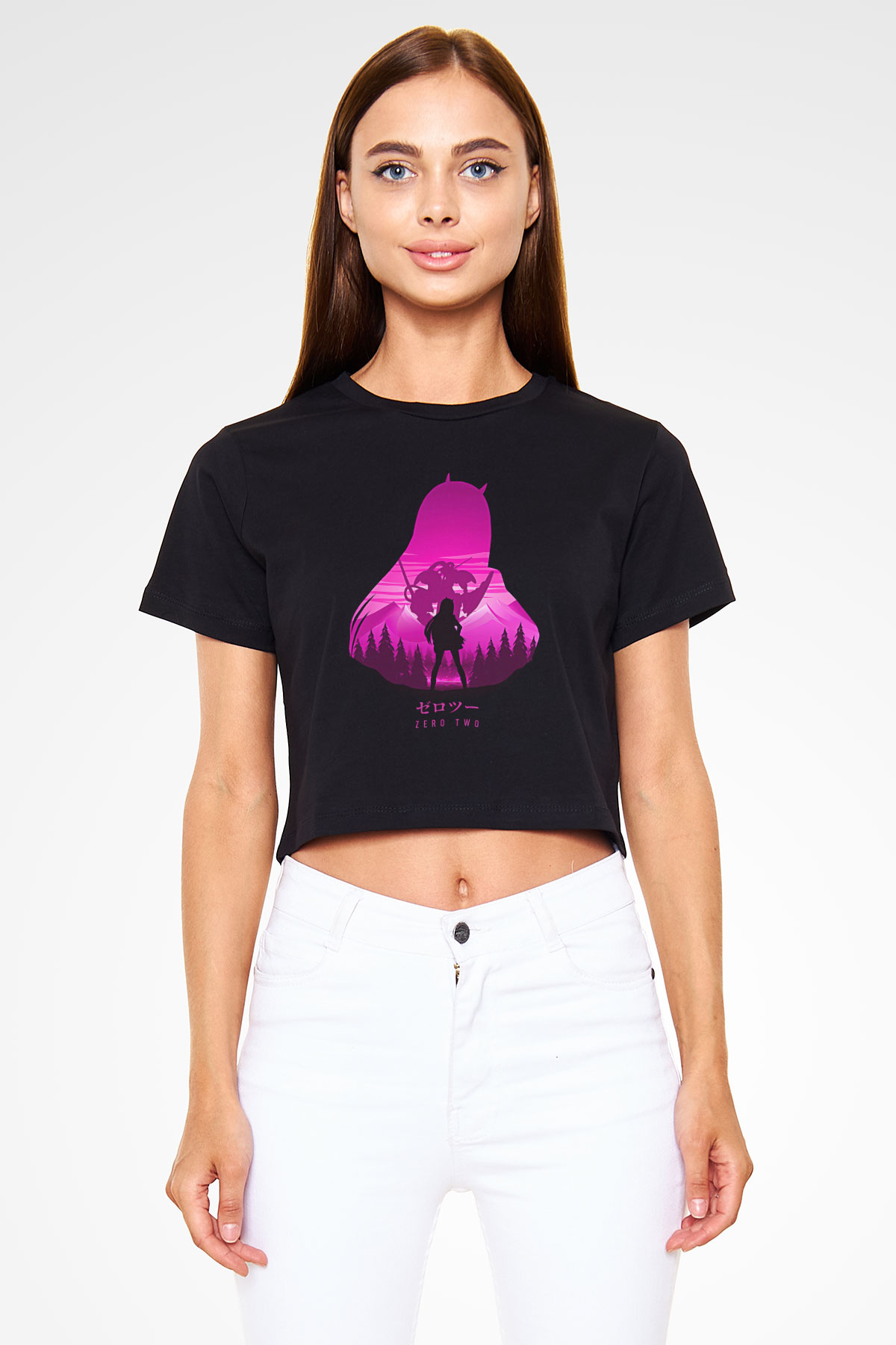Darling İn The Franxx Baskılı Siyah Crop Top Kadın Tişört - Tshirt