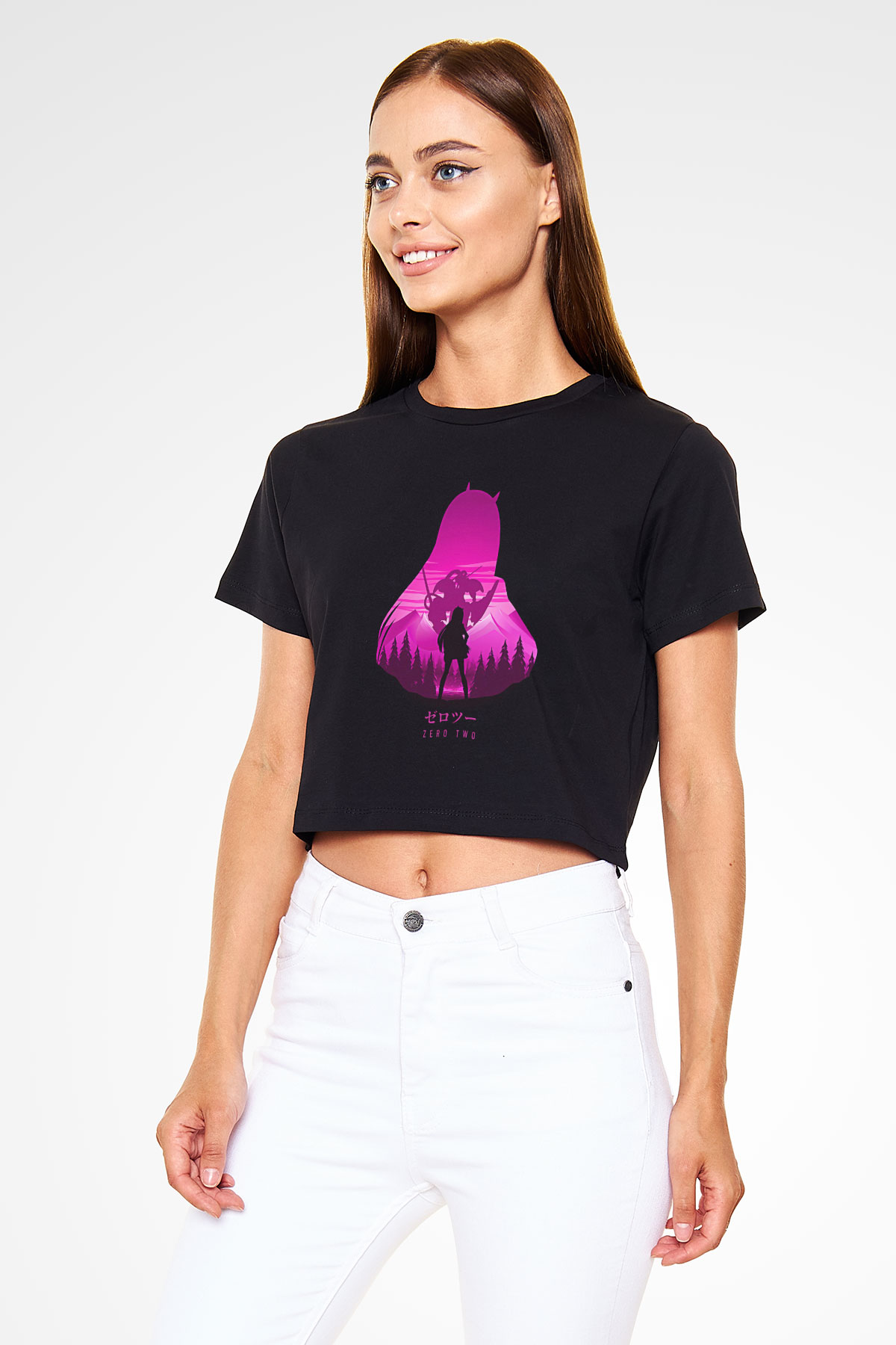 Darling İn The Franxx Baskılı Siyah Crop Top Kadın Tişört - Tshirt
