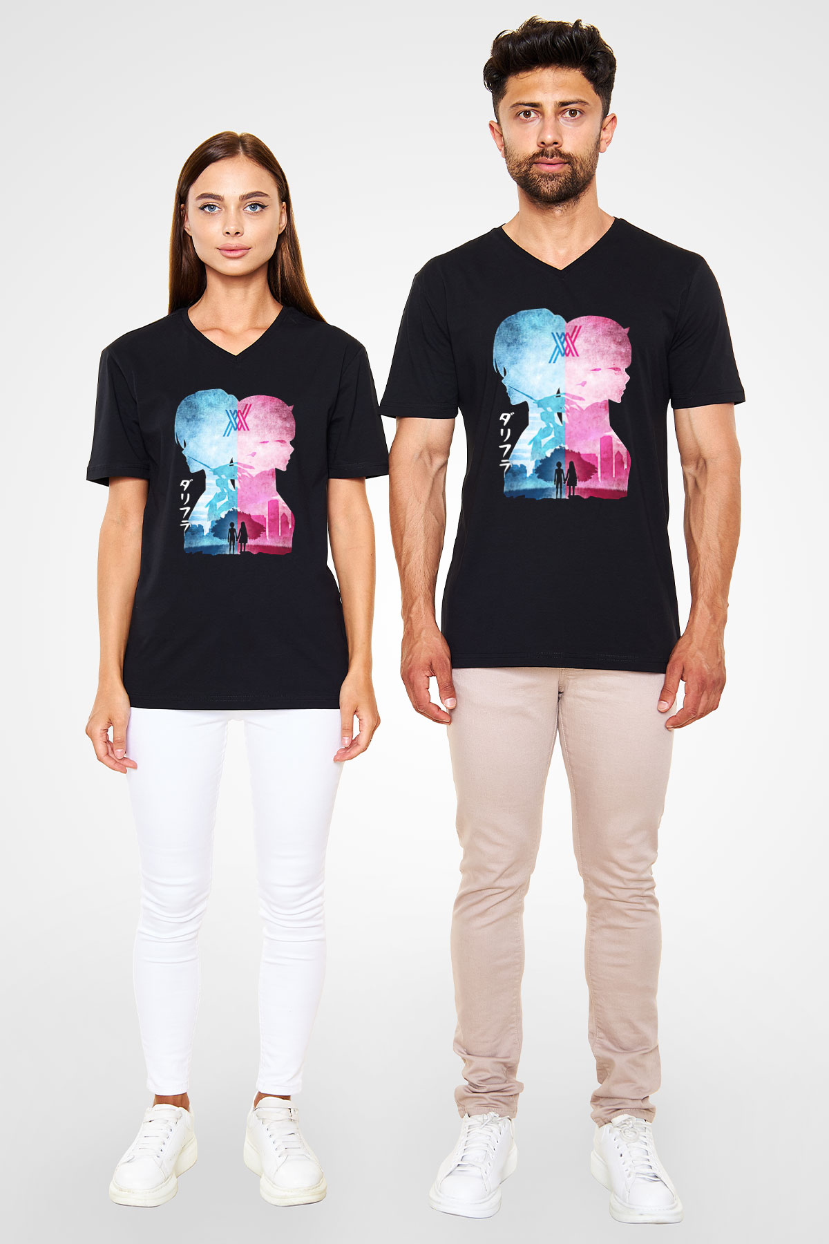Darling İn The Franxx Baskılı Unisex Siyah V Yaka Tişört - Tshirt