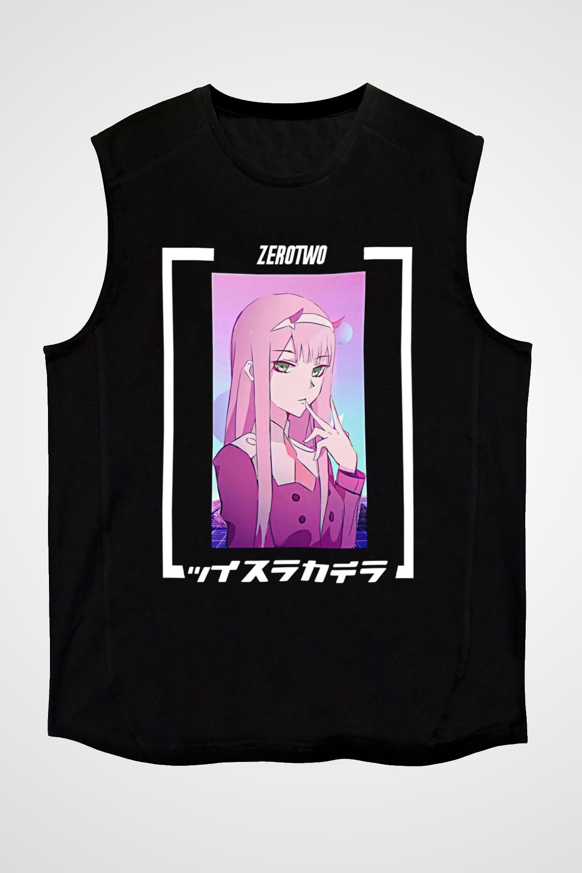 Darling İn The Franxx Baskılı Unisex Siyah Kolsuz Tişört - Tshirt