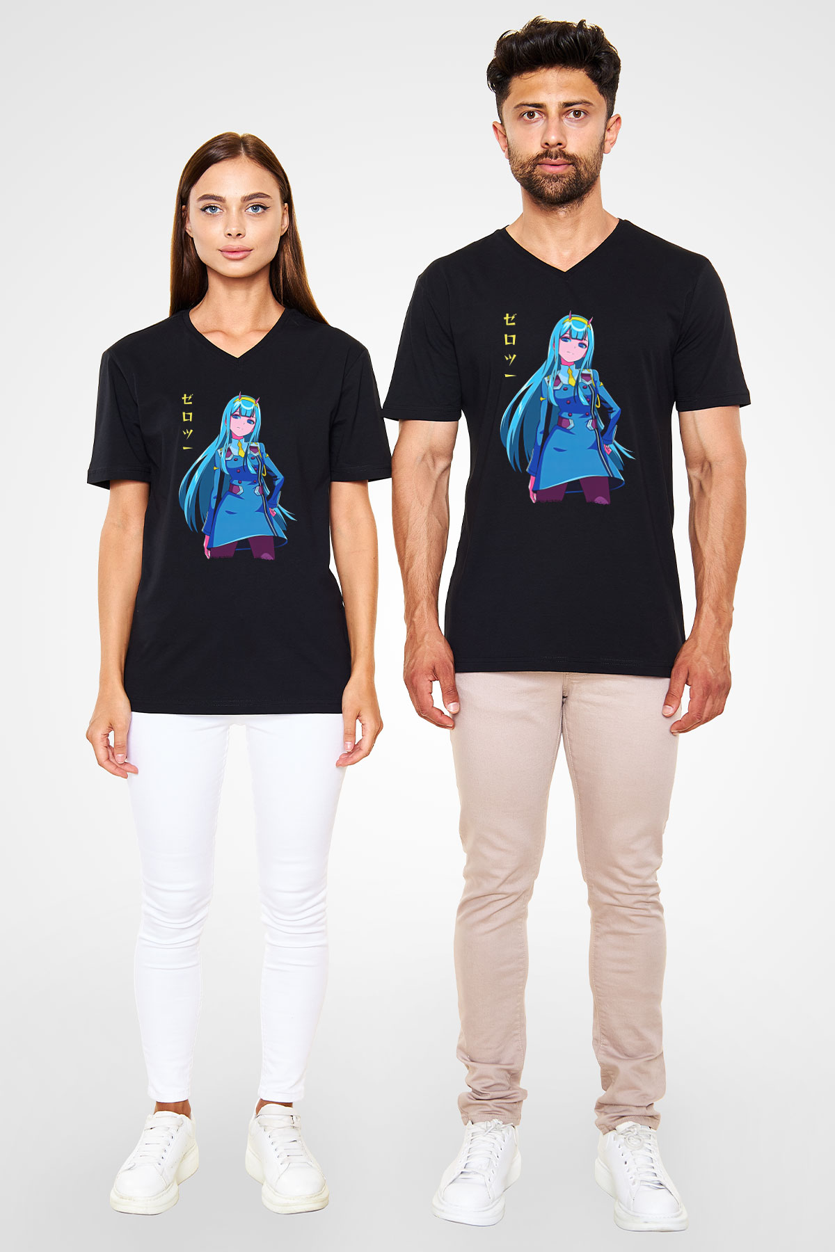 Darling İn The Franxx Baskılı Unisex Siyah V Yaka Tişört - Tshirt