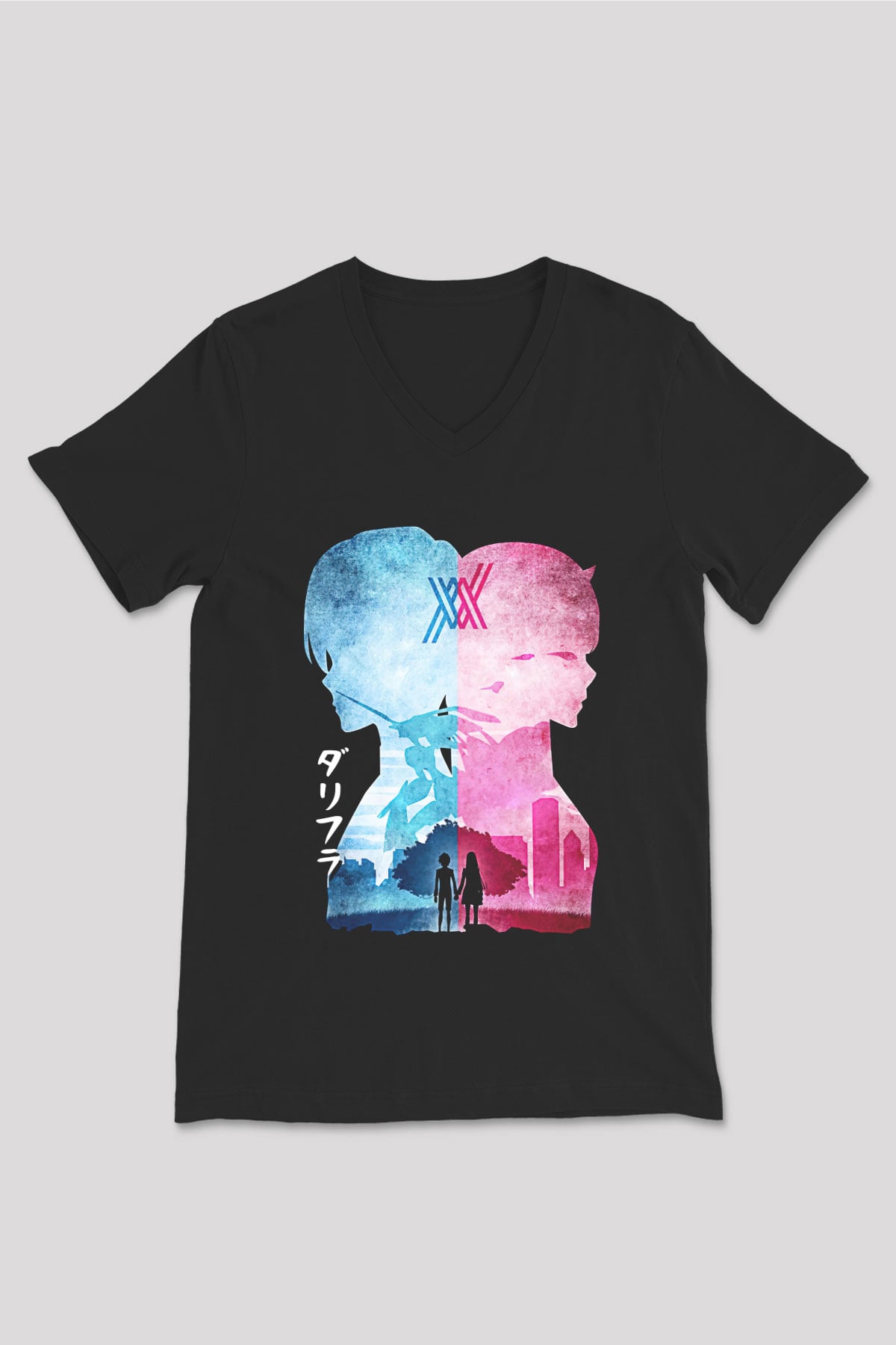 Darling İn The Franxx Baskılı Unisex Siyah V Yaka Tişört - Tshirt
