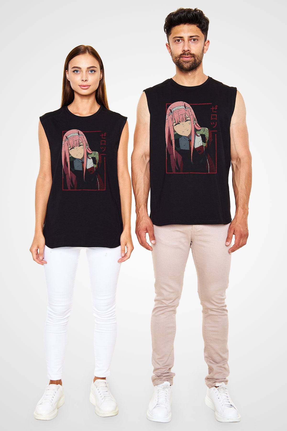 Darling İn The Franxx Baskılı Unisex Siyah Kolsuz Tişört - Tshirt