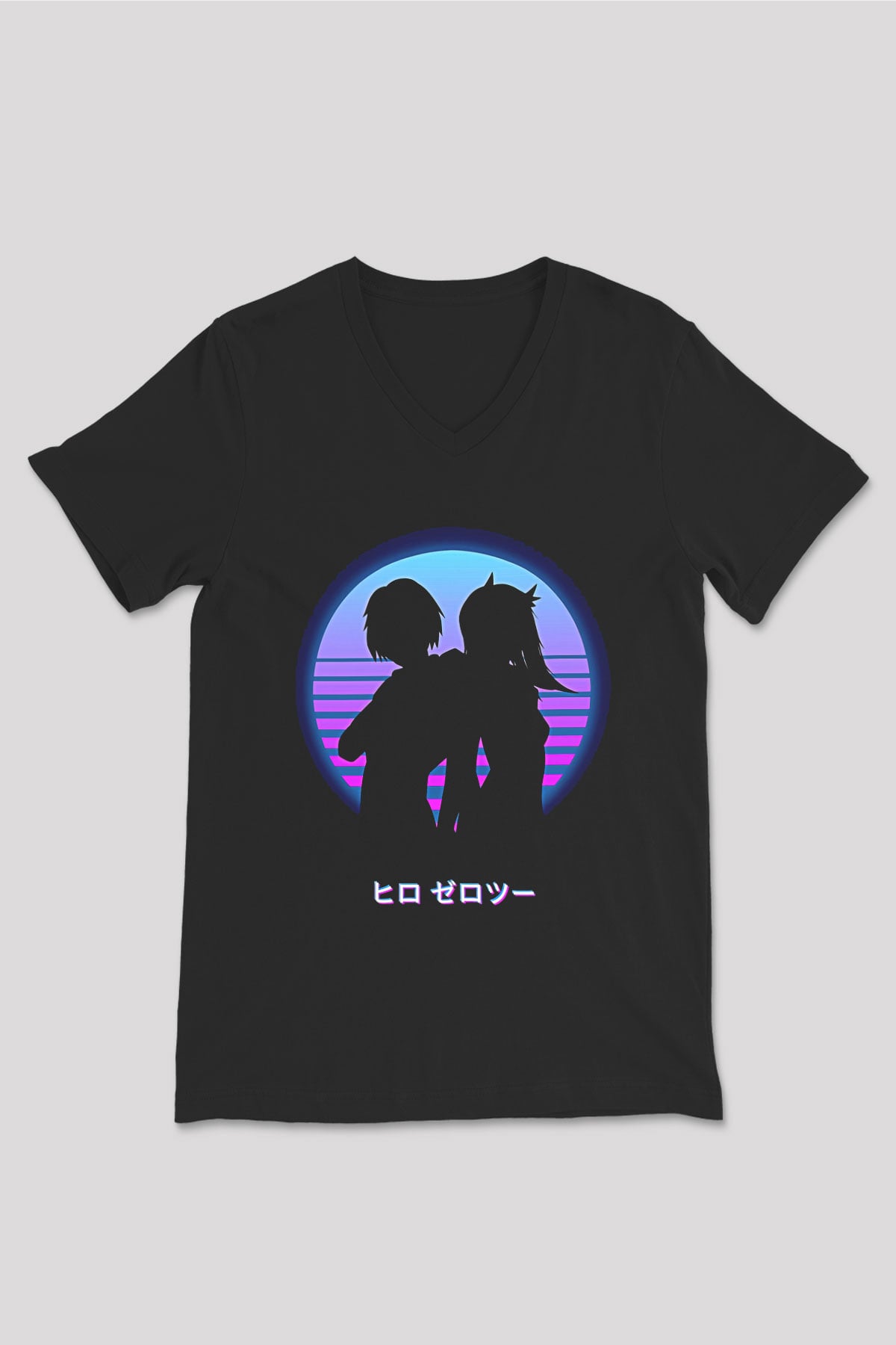 Darling İn The Franxx Baskılı Unisex Siyah V Yaka Tişört - Tshirt