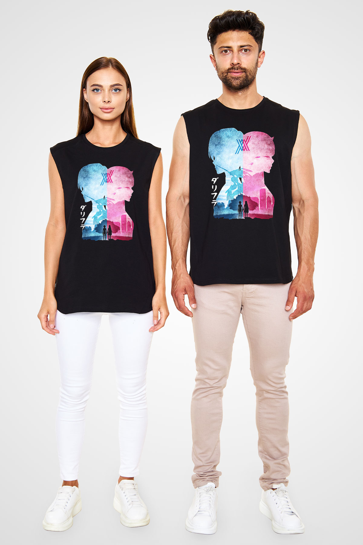 Darling İn The Franxx Baskılı Unisex Siyah Kolsuz Tişört - Tshirt