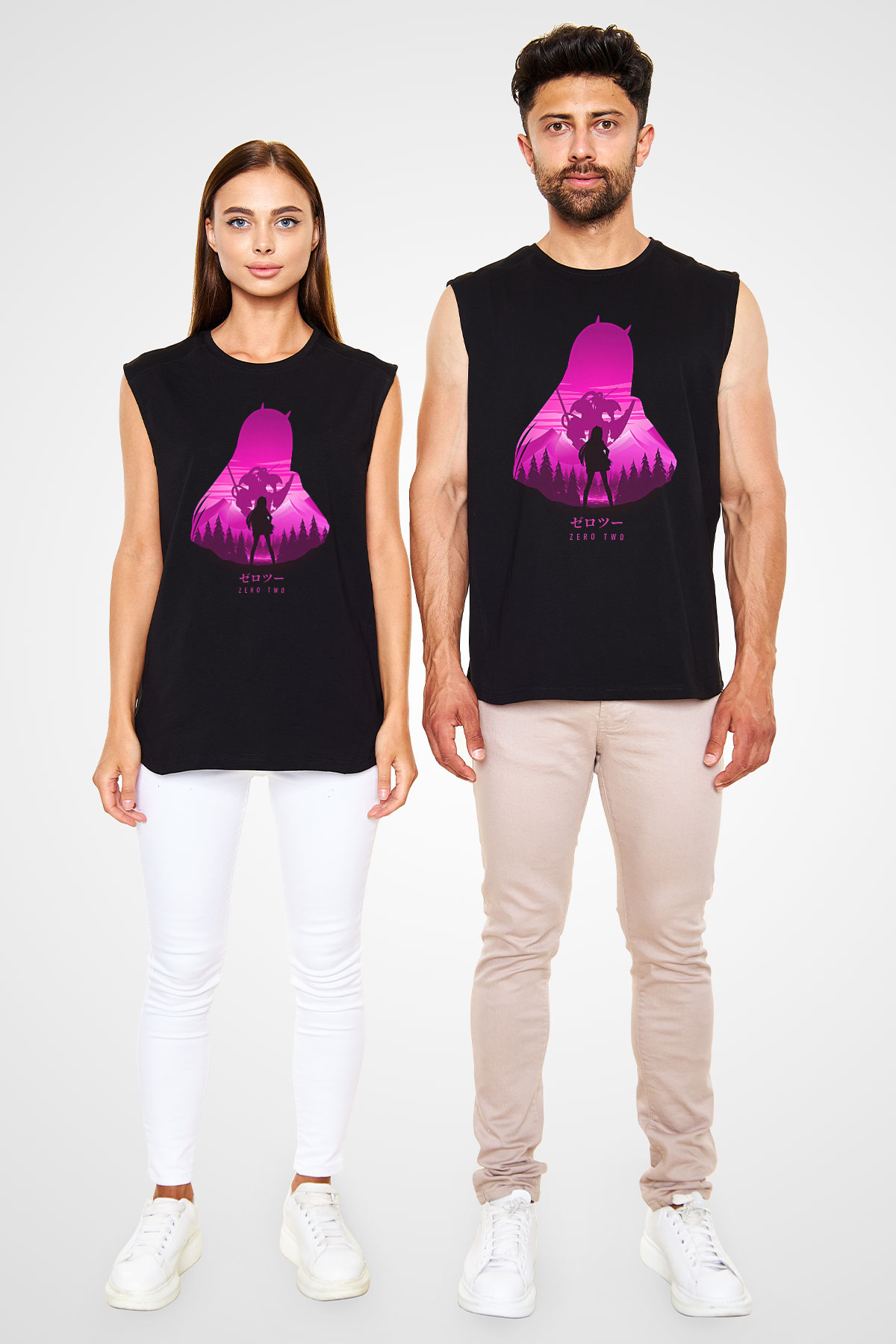 Darling İn The Franxx Baskılı Unisex Siyah Kolsuz Tişört - Tshirt