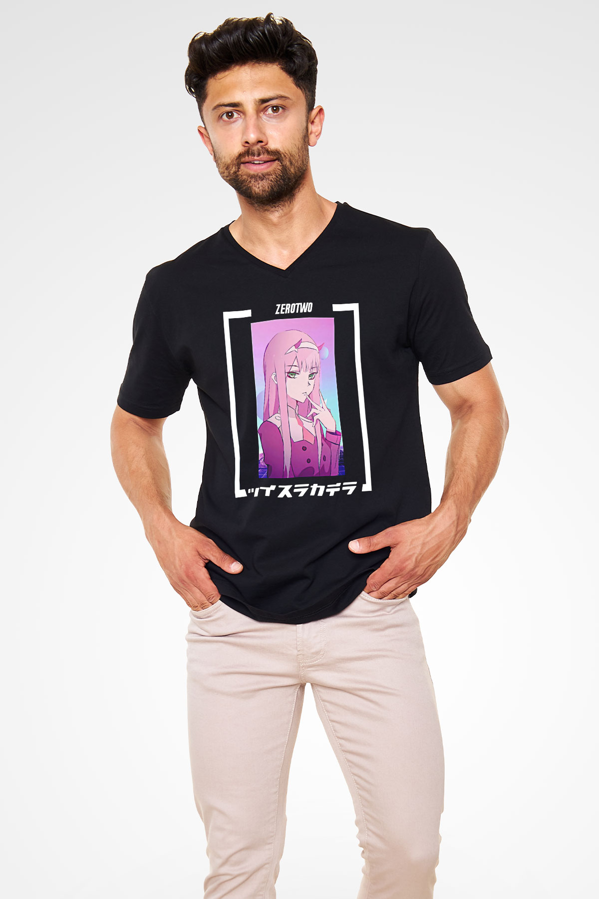 Darling İn The Franxx Baskılı Unisex Siyah V Yaka Tişört - Tshirt