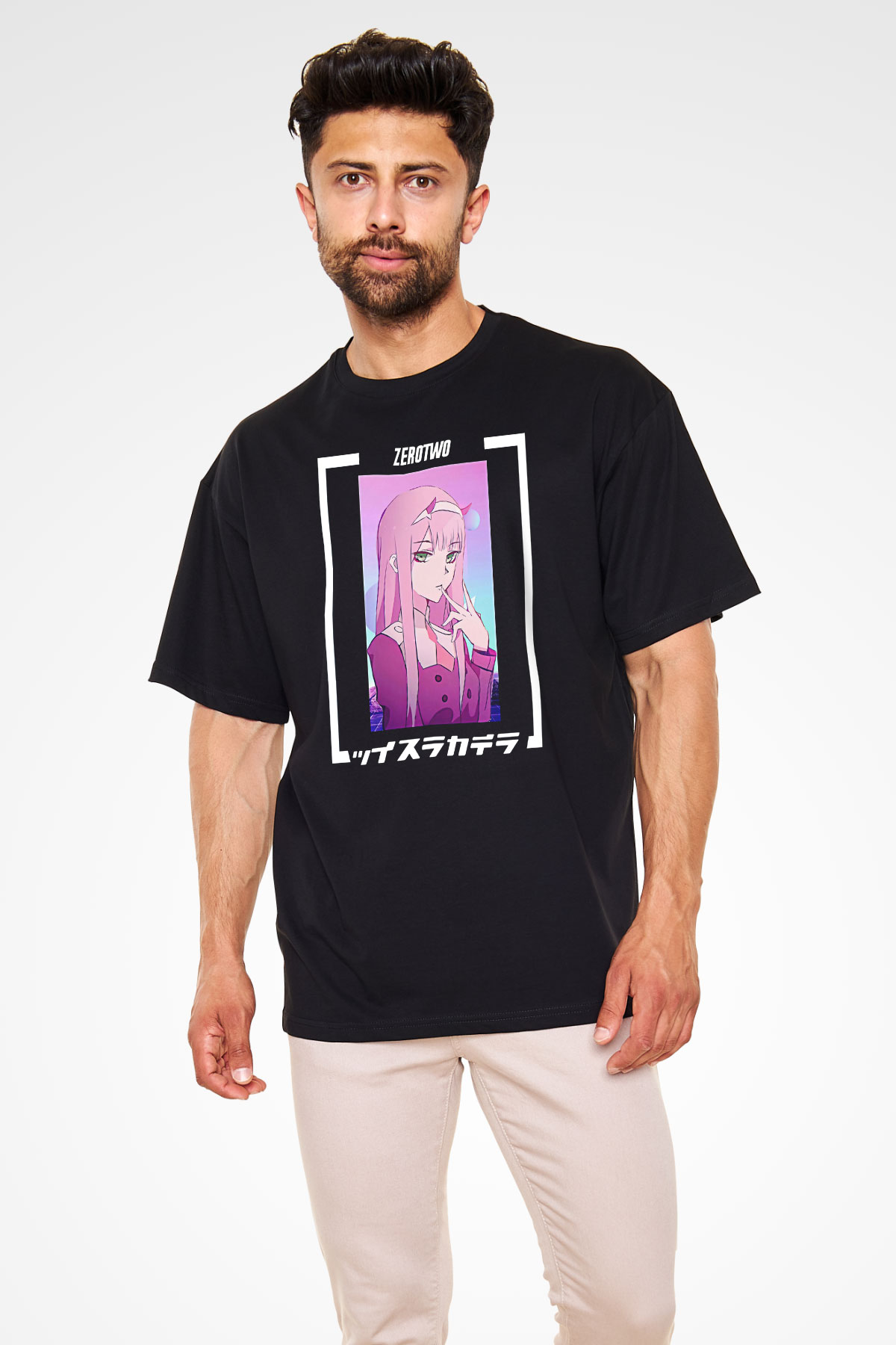 Darling İn The Franxx Baskılı Unisex Siyah Oversize Tişört - Tshirt