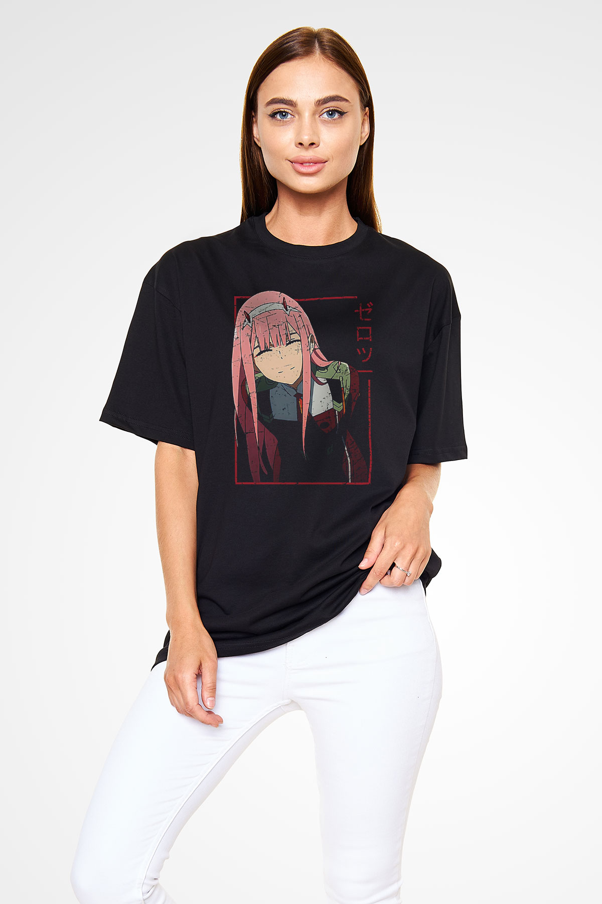 Darling İn The Franxx Baskılı Unisex Siyah Oversize Tişört - Tshirt