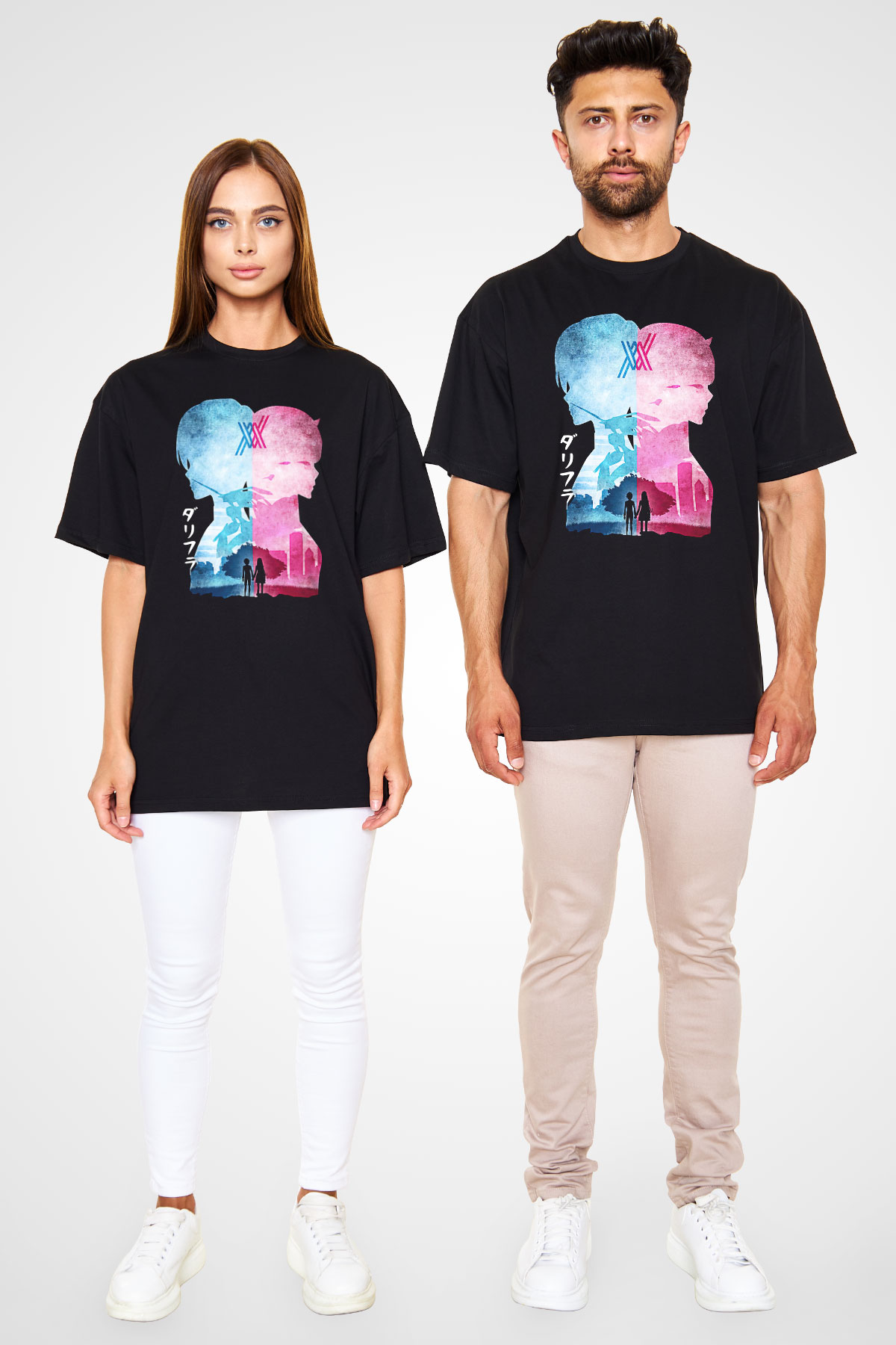 Darling İn The Franxx Baskılı Unisex Siyah Oversize Tişört - Tshirt