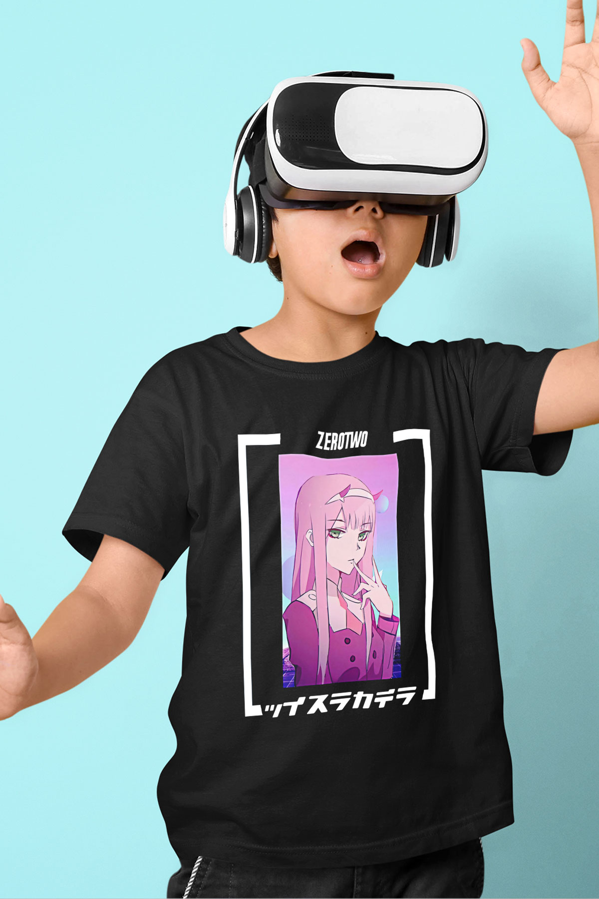 Darling İn The Franxx Baskılı Unisex Siyah Çocuk Tişört - Tshirt