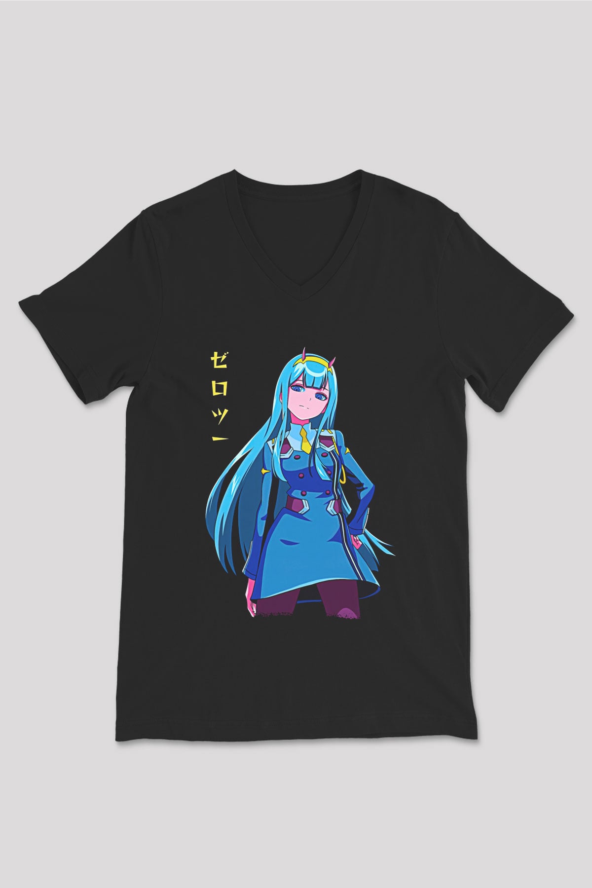 Darling İn The Franxx Baskılı Unisex Siyah V Yaka Tişört - Tshirt
