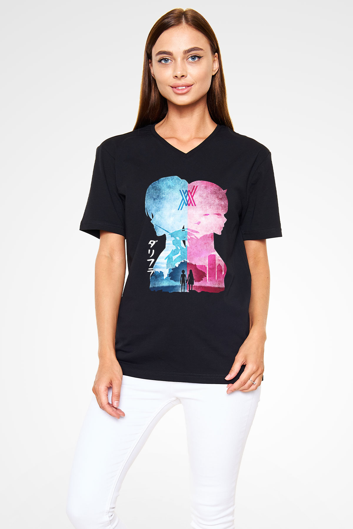 Darling İn The Franxx Baskılı Unisex Siyah V Yaka Tişört - Tshirt