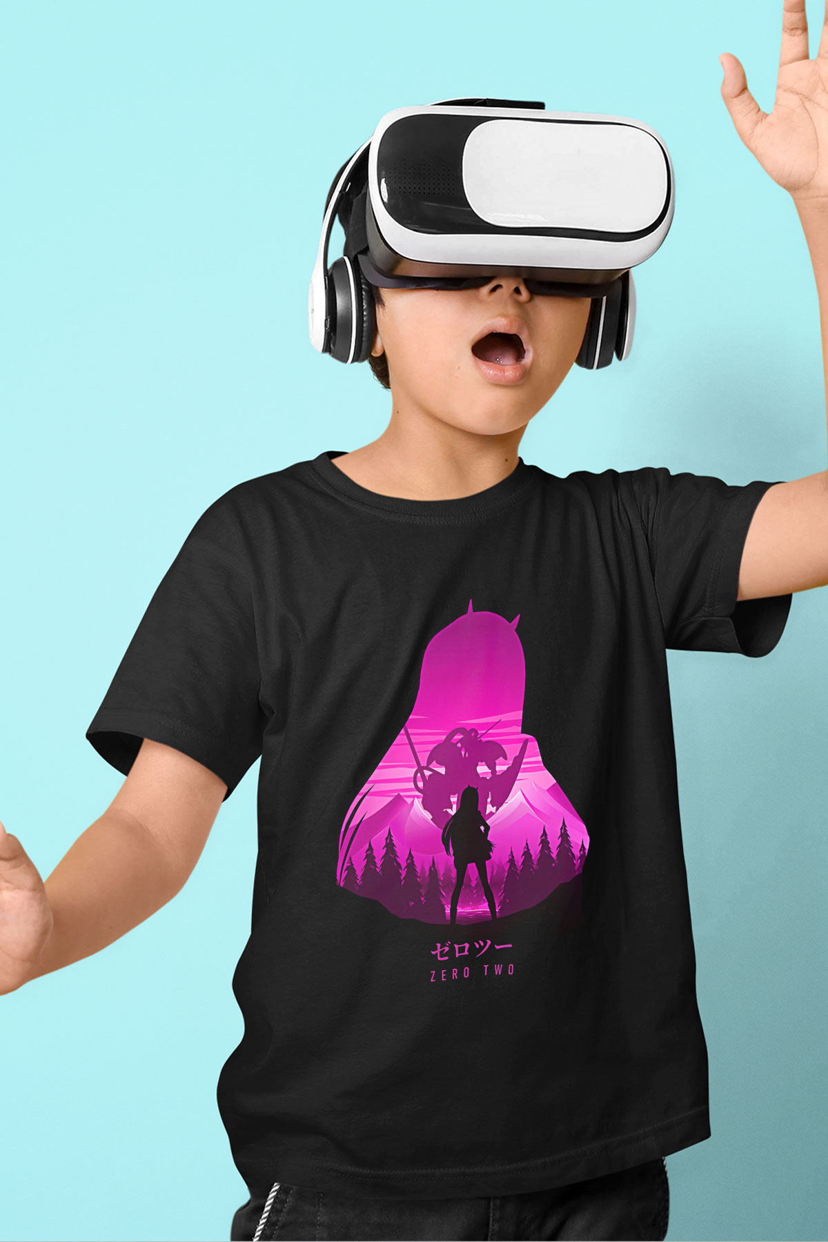 Darling İn The Franxx Baskılı Unisex Siyah Çocuk Tişört - Tshirt