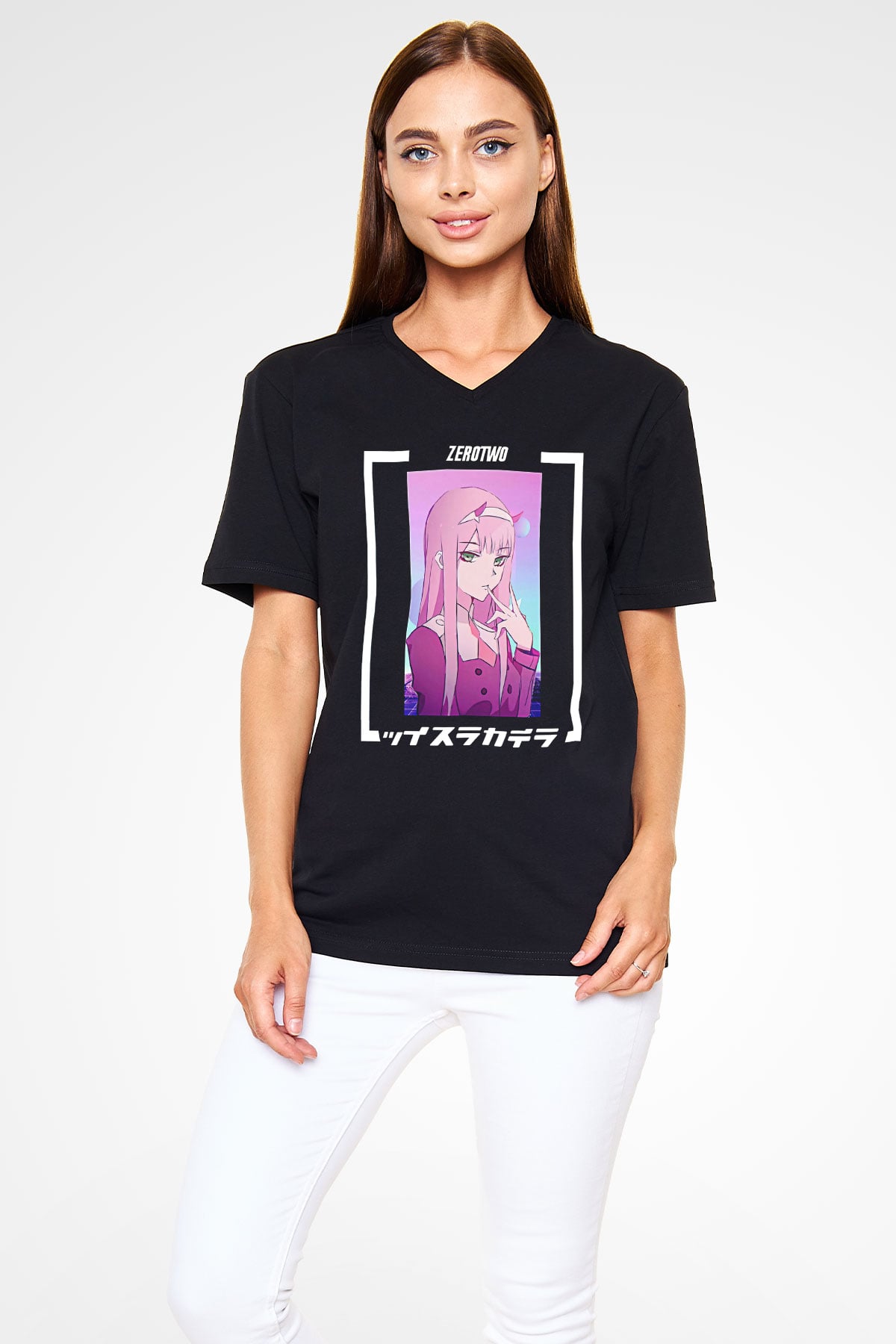 Darling İn The Franxx Baskılı Unisex Siyah V Yaka Tişört - Tshirt