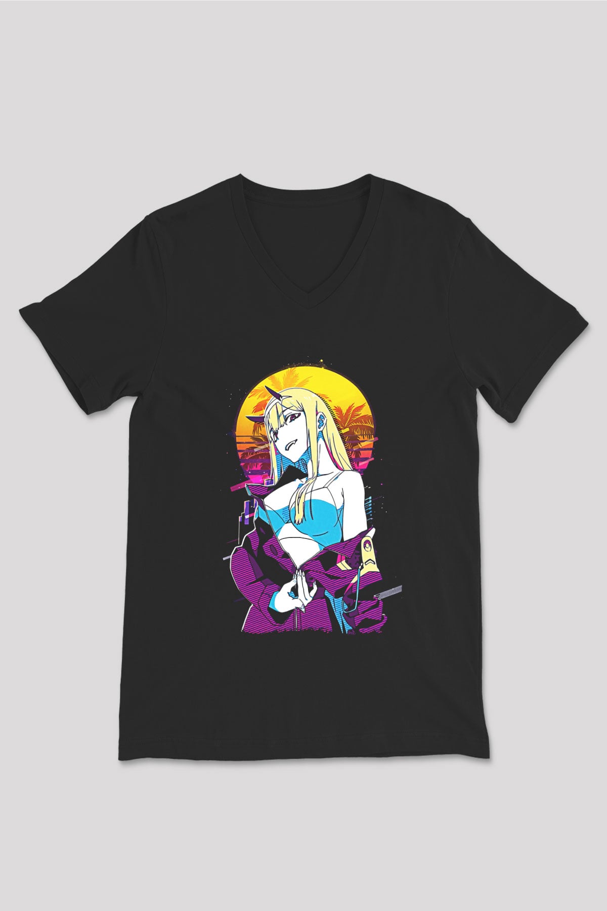 Darling İn The Franxx Baskılı Unisex Siyah V Yaka Tişört - Tshirt