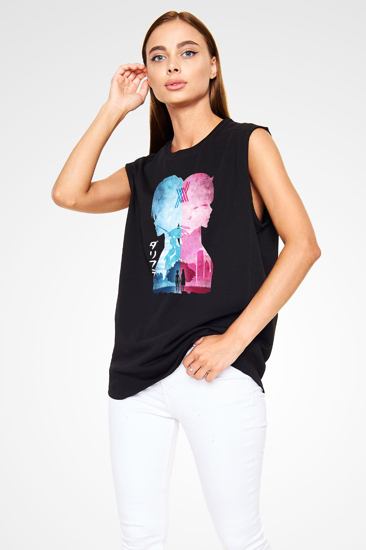 Darling İn The Franxx Baskılı Unisex Siyah Kolsuz Tişört - Tshirt