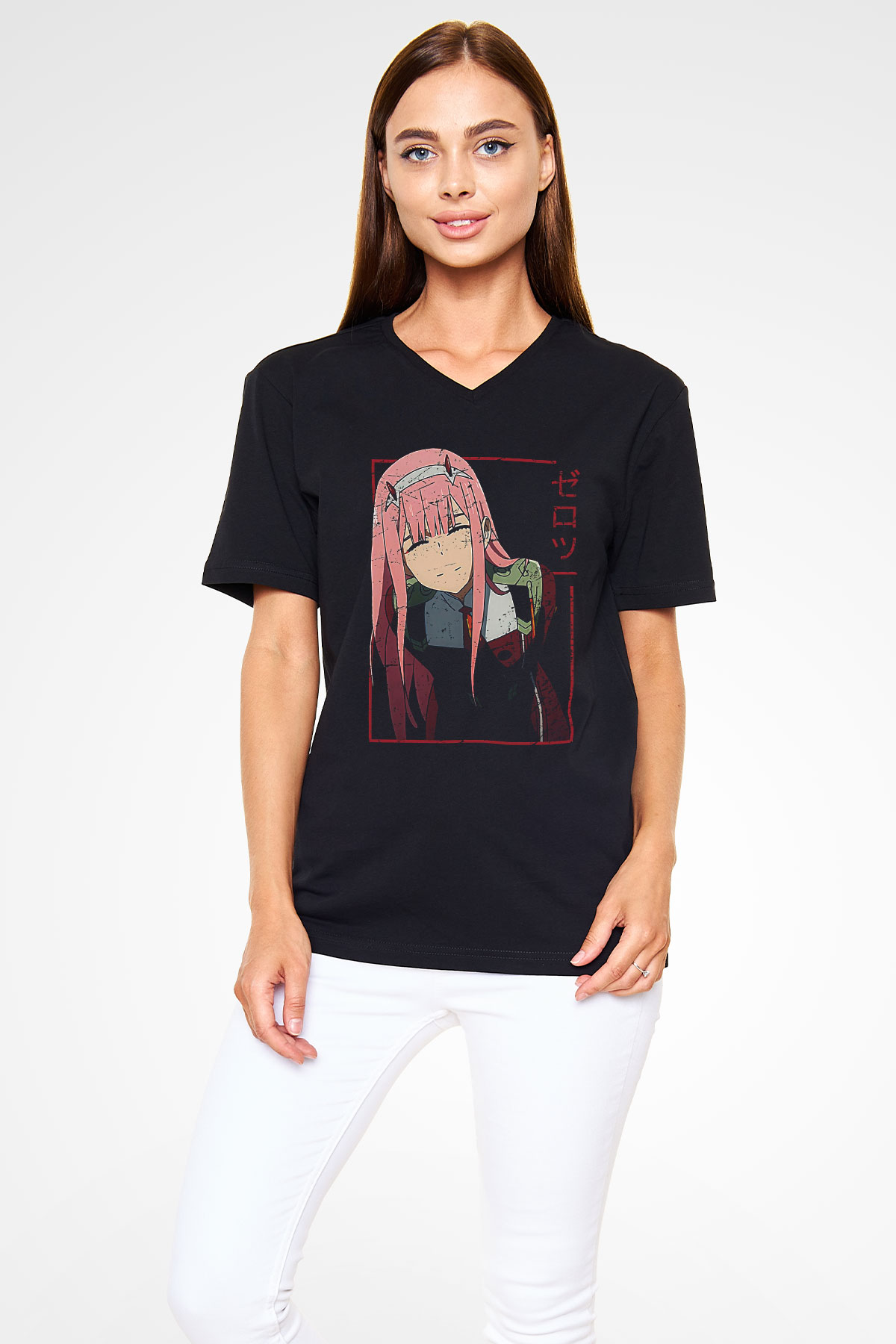 Darling İn The Franxx Baskılı Unisex Siyah V Yaka Tişört - Tshirt