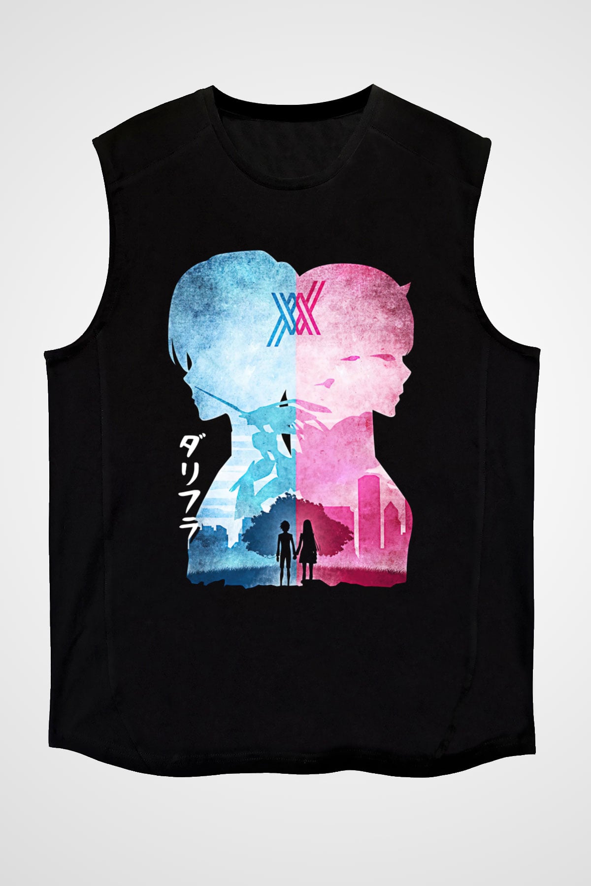 Darling İn The Franxx Baskılı Unisex Siyah Kolsuz Tişört - Tshirt