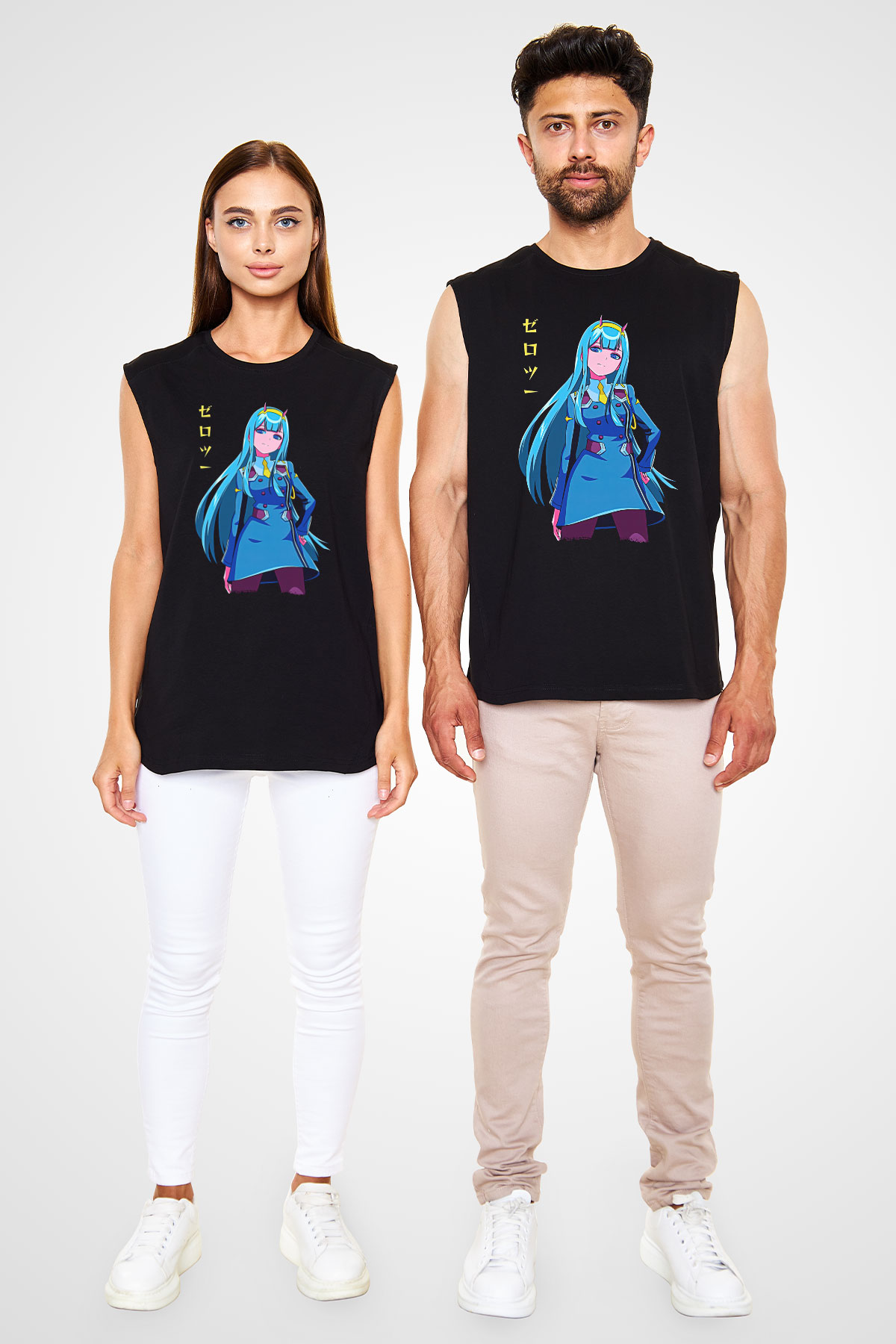 Darling İn The Franxx Baskılı Unisex Siyah Kolsuz Tişört - Tshirt