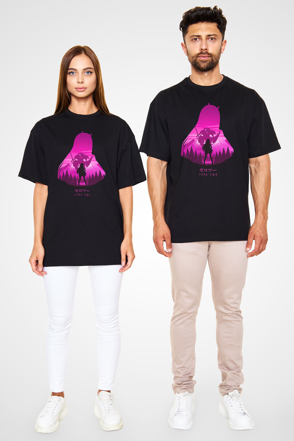 Darling İn The Franxx Baskılı Unisex Siyah Oversize Tişört - Tshirt