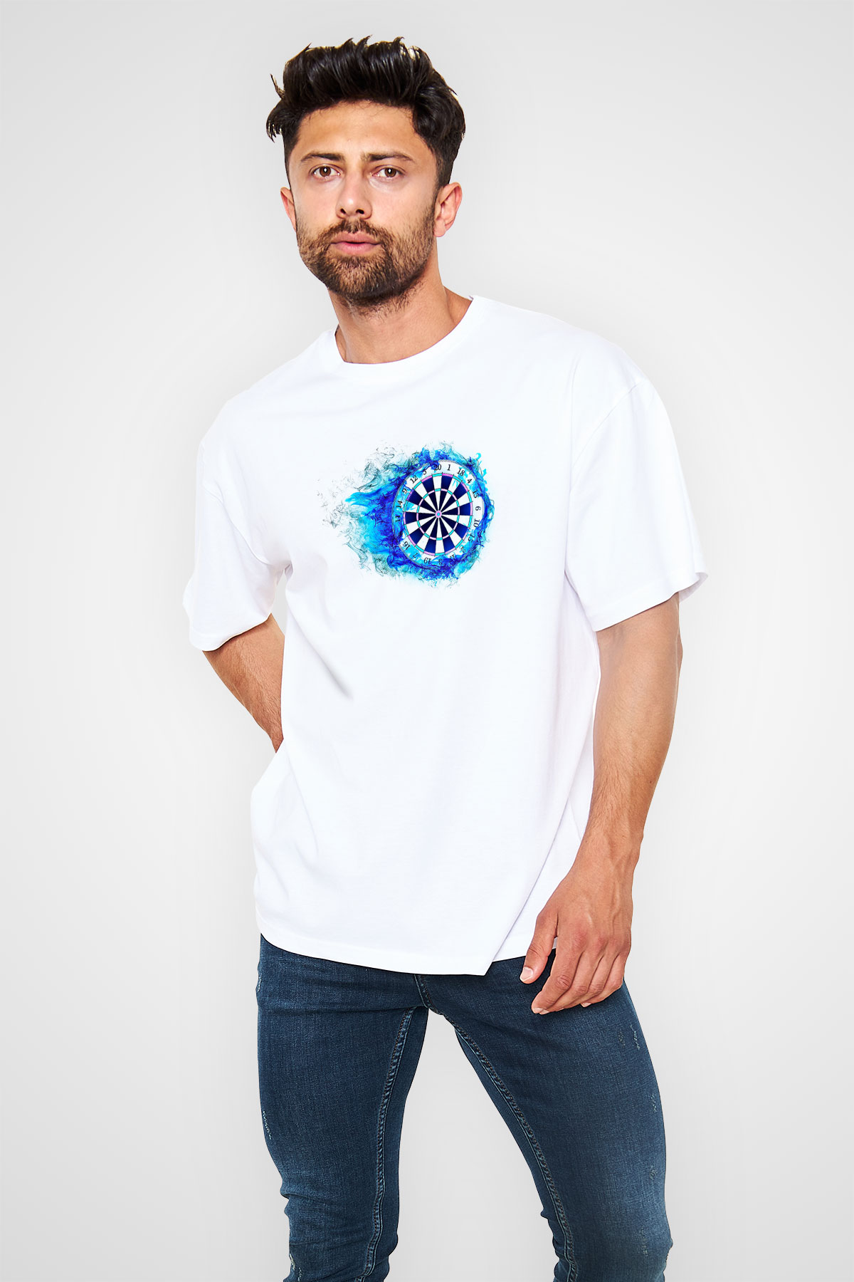 Dart Baskılı Unisex Beyaz Oversize Tişört - Tshirt