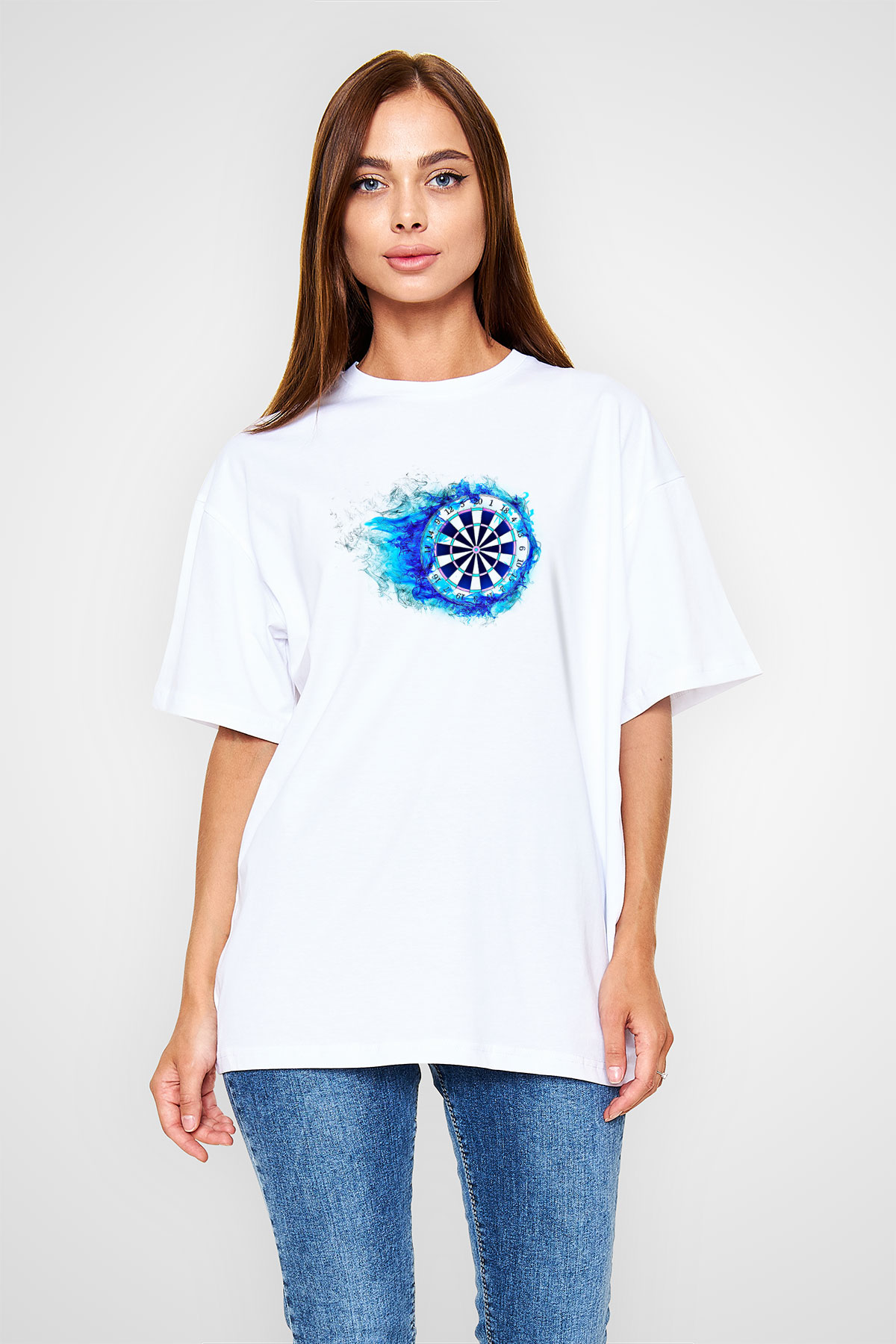 Dart Baskılı Unisex Beyaz Oversize Tişört - Tshirt